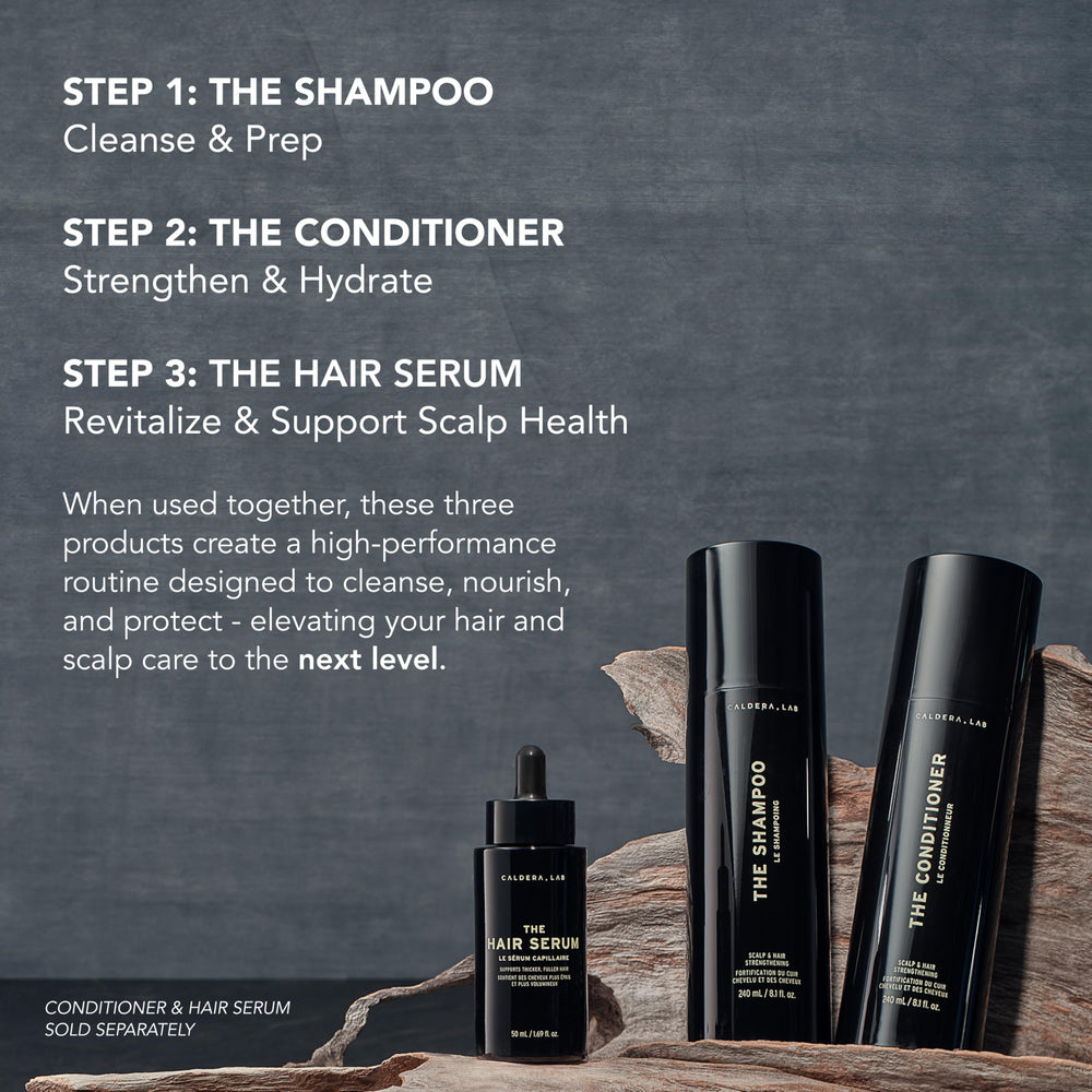 Caldera + Lab The Shampoo green-tea-leaf close-up for calming scalp and conditioning hair.