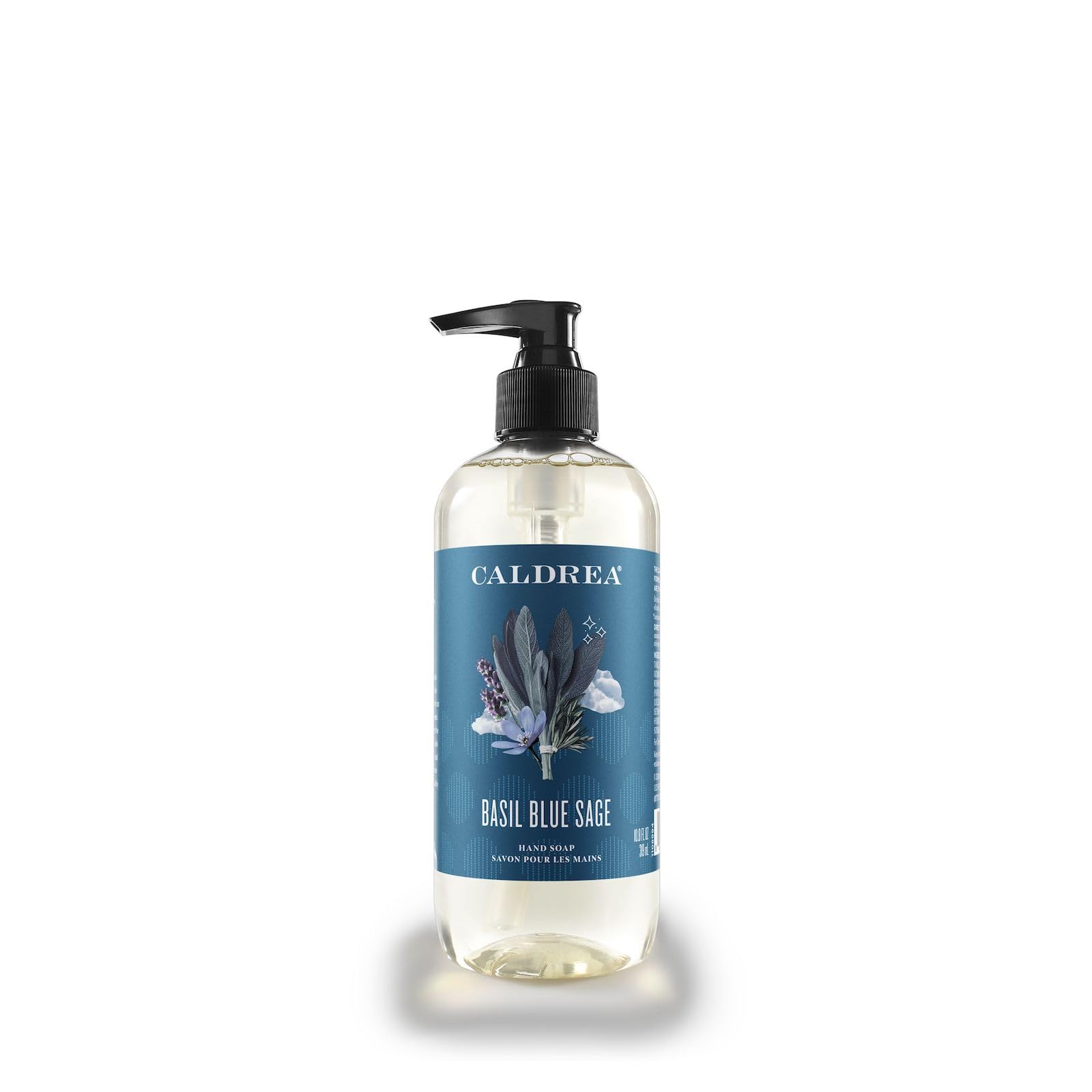 Caldrea Basil Blue Sage bottle-pump shows clean hands with soothing aroma.