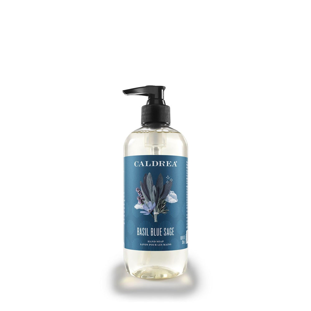 Caldrea Basil Blue Sage bottle-pump shows clean hands with soothing aroma.