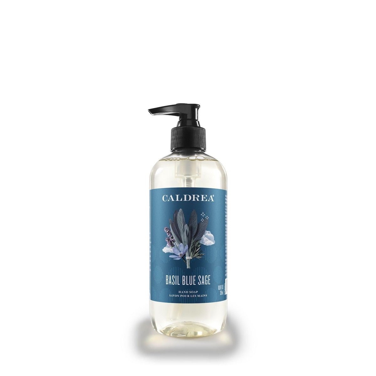 Caldrea Basil Blue Sage bottle-pump shows clean hands with soothing aroma.