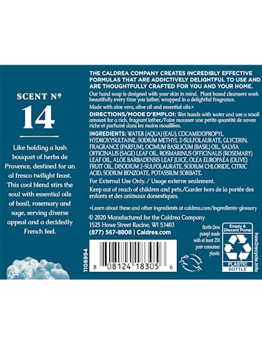Caldrea Basil Blue Sage foaming hand soap image suggests luxurious lather and fresh scent.