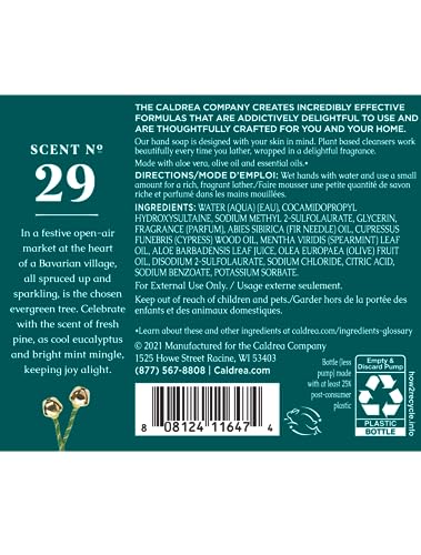 Caldrea Juniper Laurel Mint label close-up highlights refreshing scent for uplifting handwashing.
