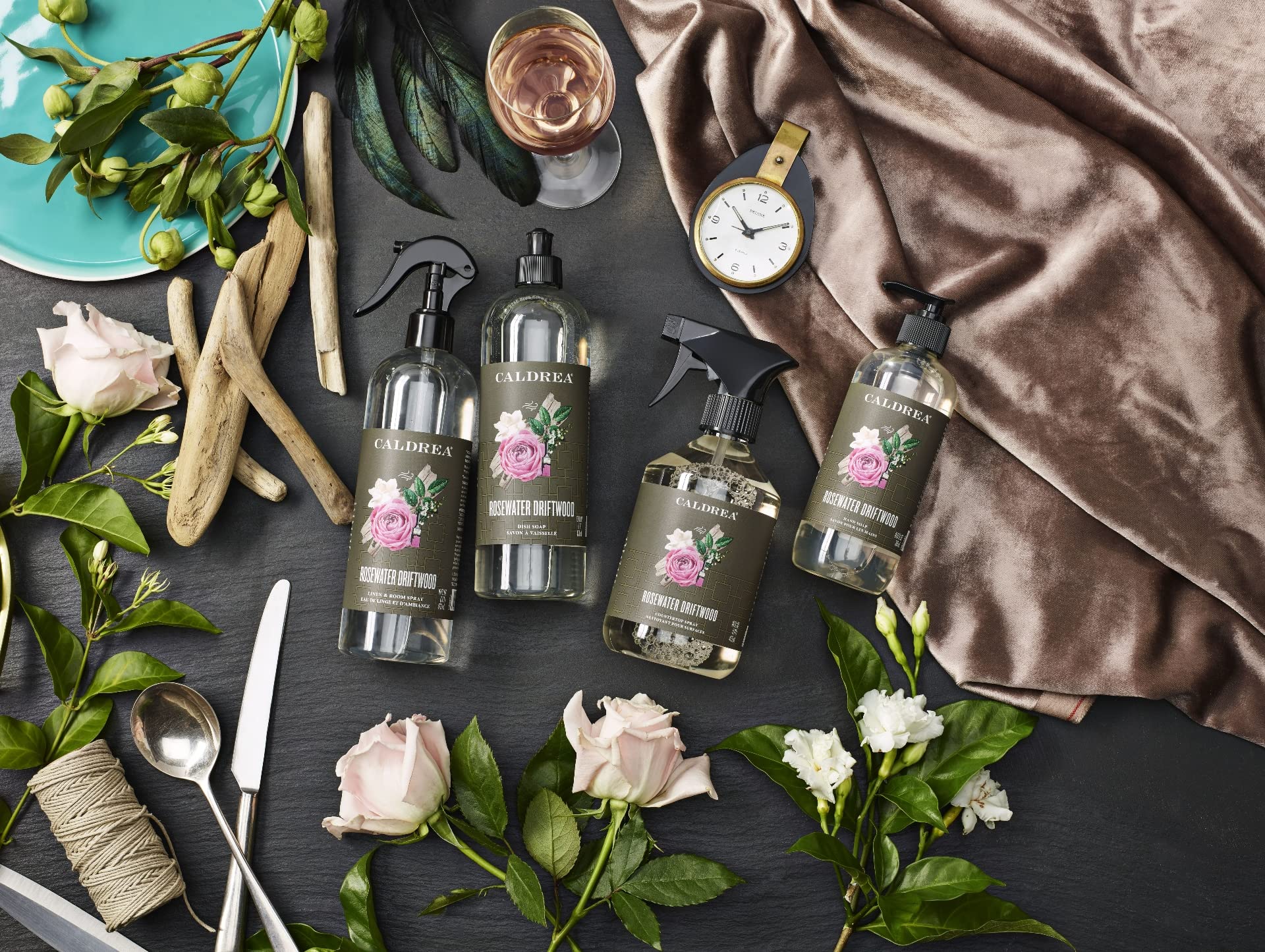 Caldrea Rosewater Driftwood fragrance closeup, highlighting a delicate scent profile.