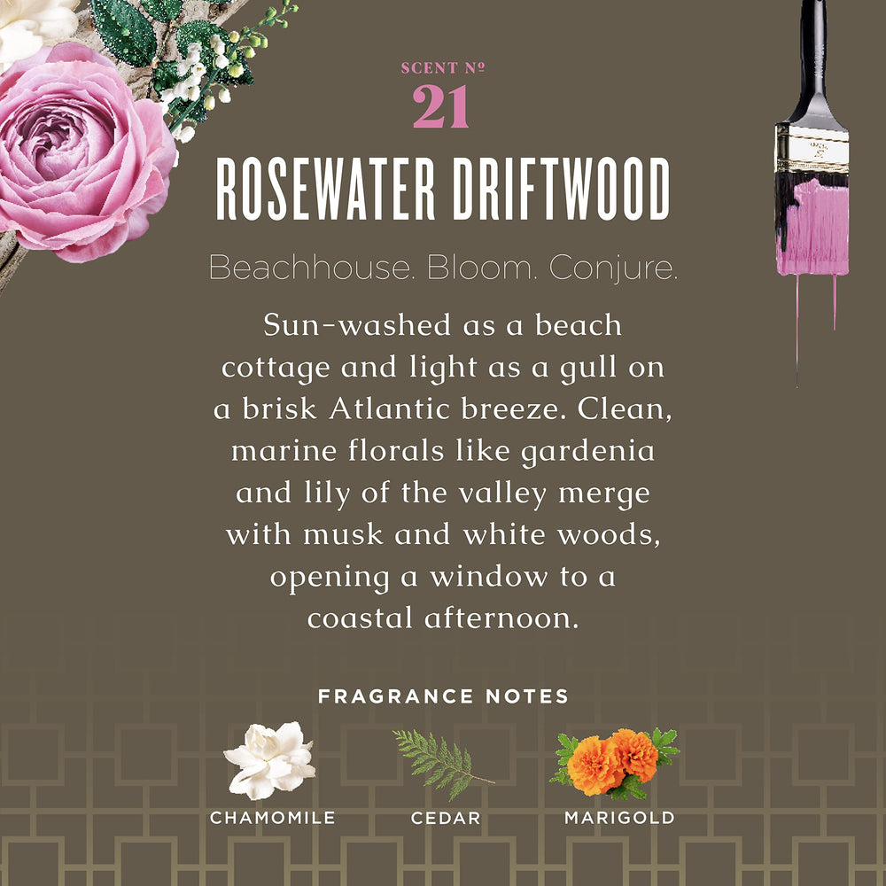 Caldrea Rosewater Driftwood ingredients with Aloe Vera and Olive Oil for moisturized hands.