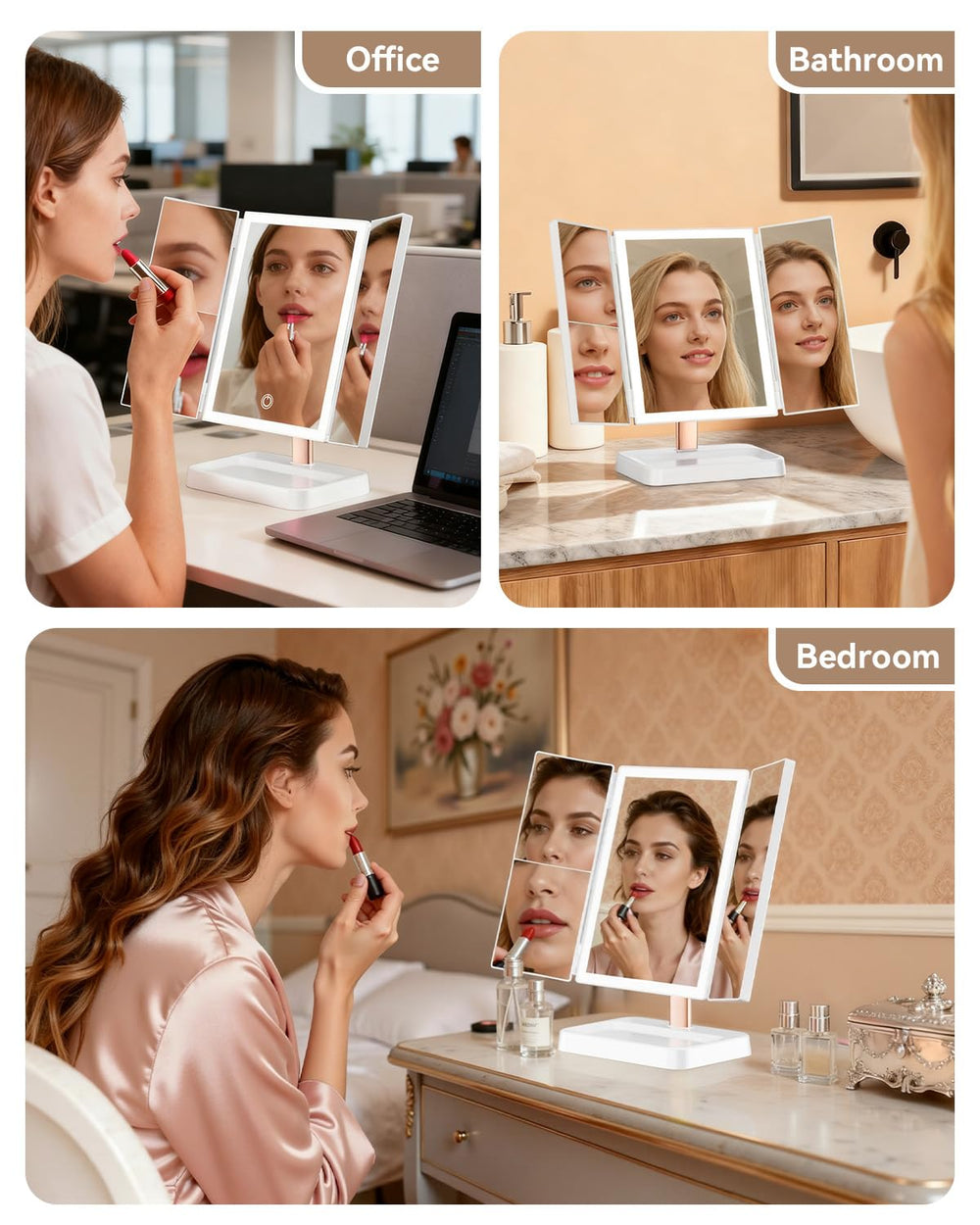 CALEPOP vanity mirror rotated to show a comfortable 90-degree viewing angle