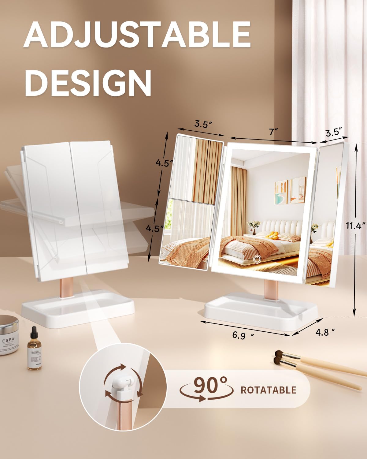 CALEPOP vanity mirror dimmable brightness with three color modes for day or night makeup