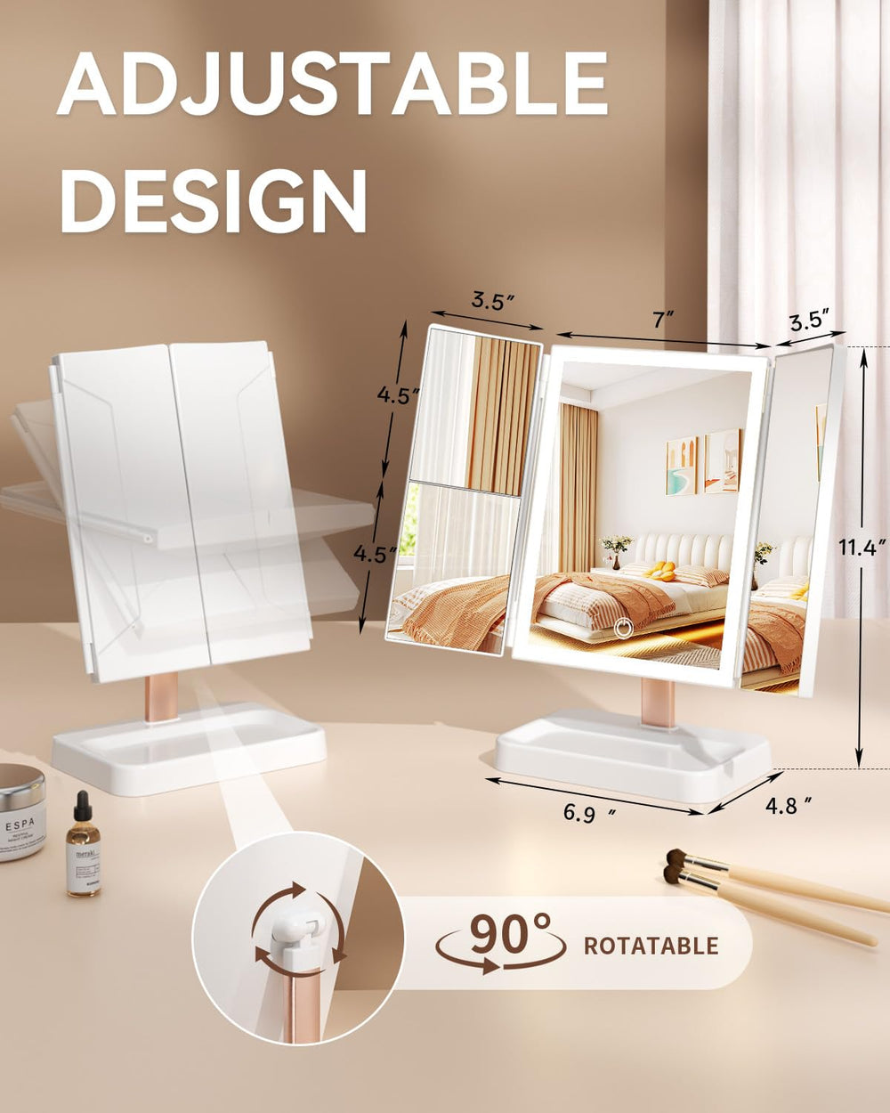 CALEPOP vanity mirror dimmable brightness with three color modes for day or night makeup