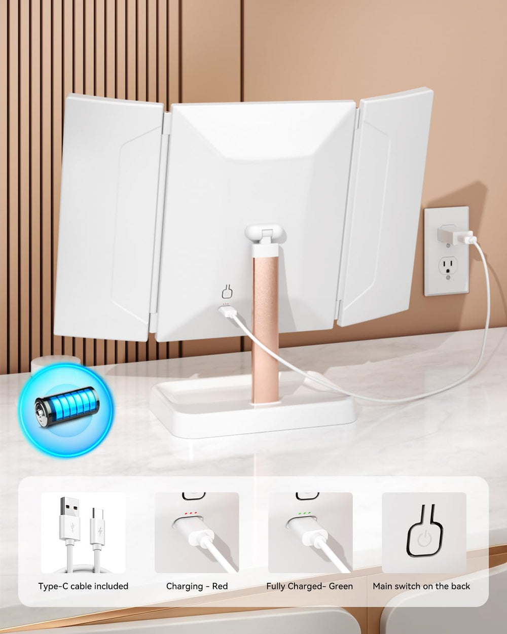CALEPOP vanity mirror rechargeable battery enabling cordless grooming anywhere