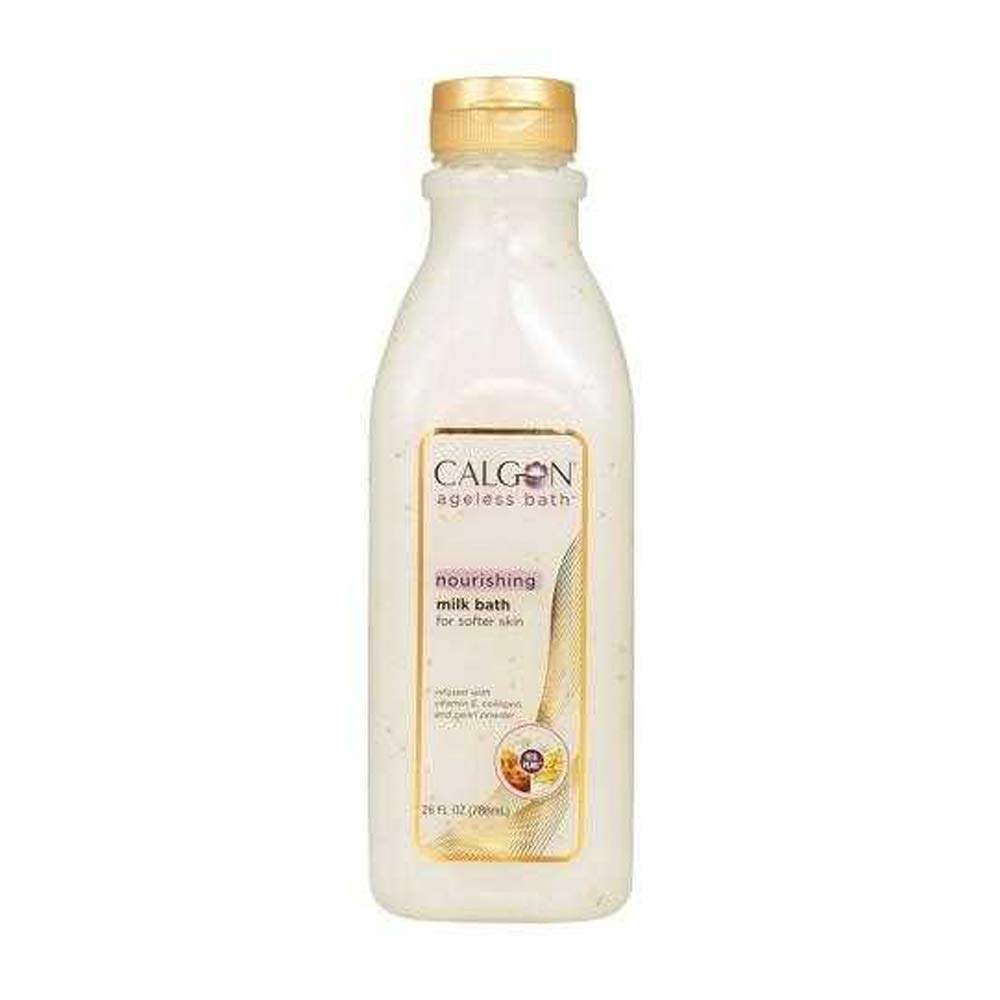 Calgon Ageless Bath bottle close-up highlights moisturizing serum beads for radiant skin