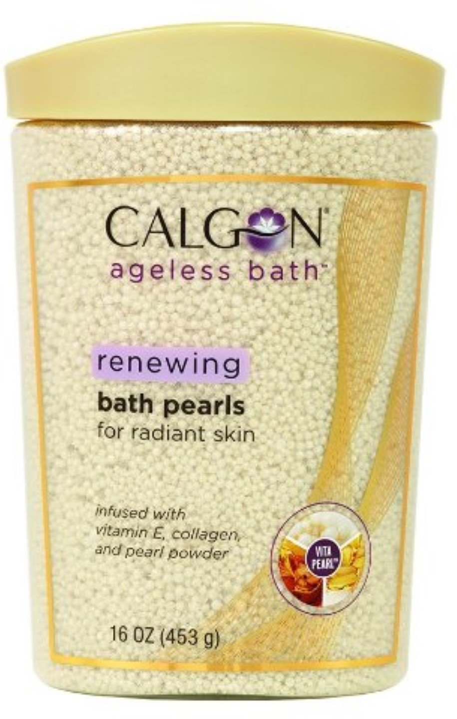 Calgon Ageless Bath Pearls dissolving in water for a luxurious, skin-nourishing soak.