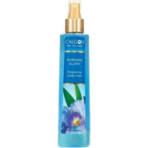 Calgon Morning Glory mist spray captured mid-application for a light, uplifting fragrance.
