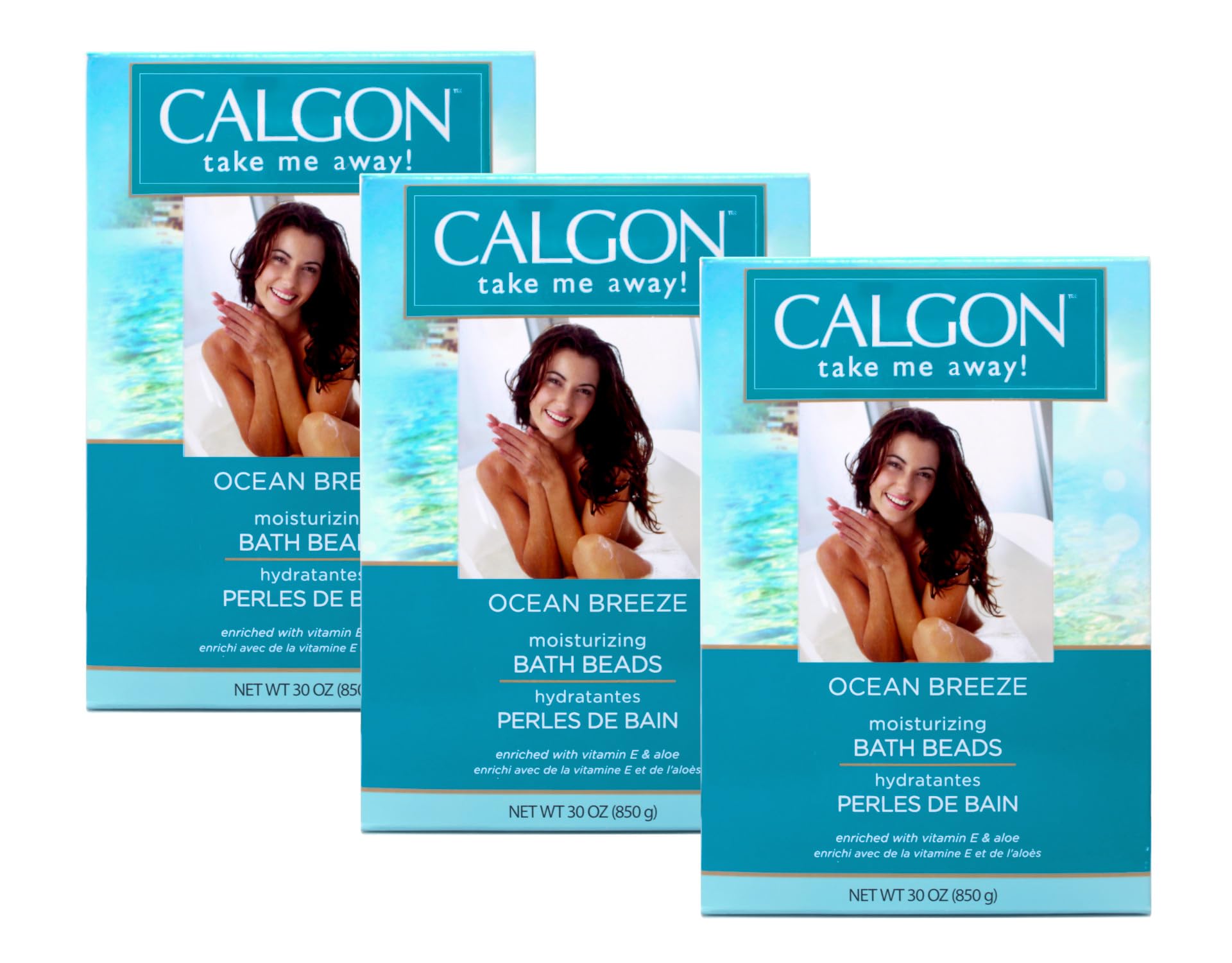Calgon Ocean Breeze bath beads dissolve in water for silky, hydrated skin.