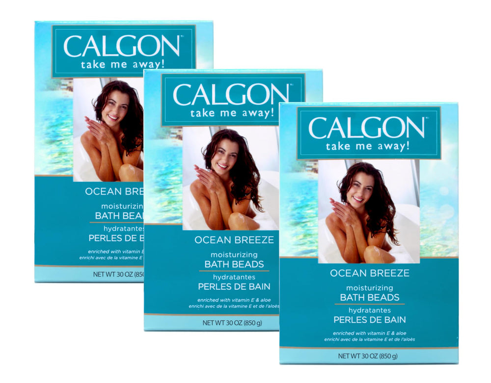 Calgon Ocean Breeze bath beads dissolve in water for silky, hydrated skin.