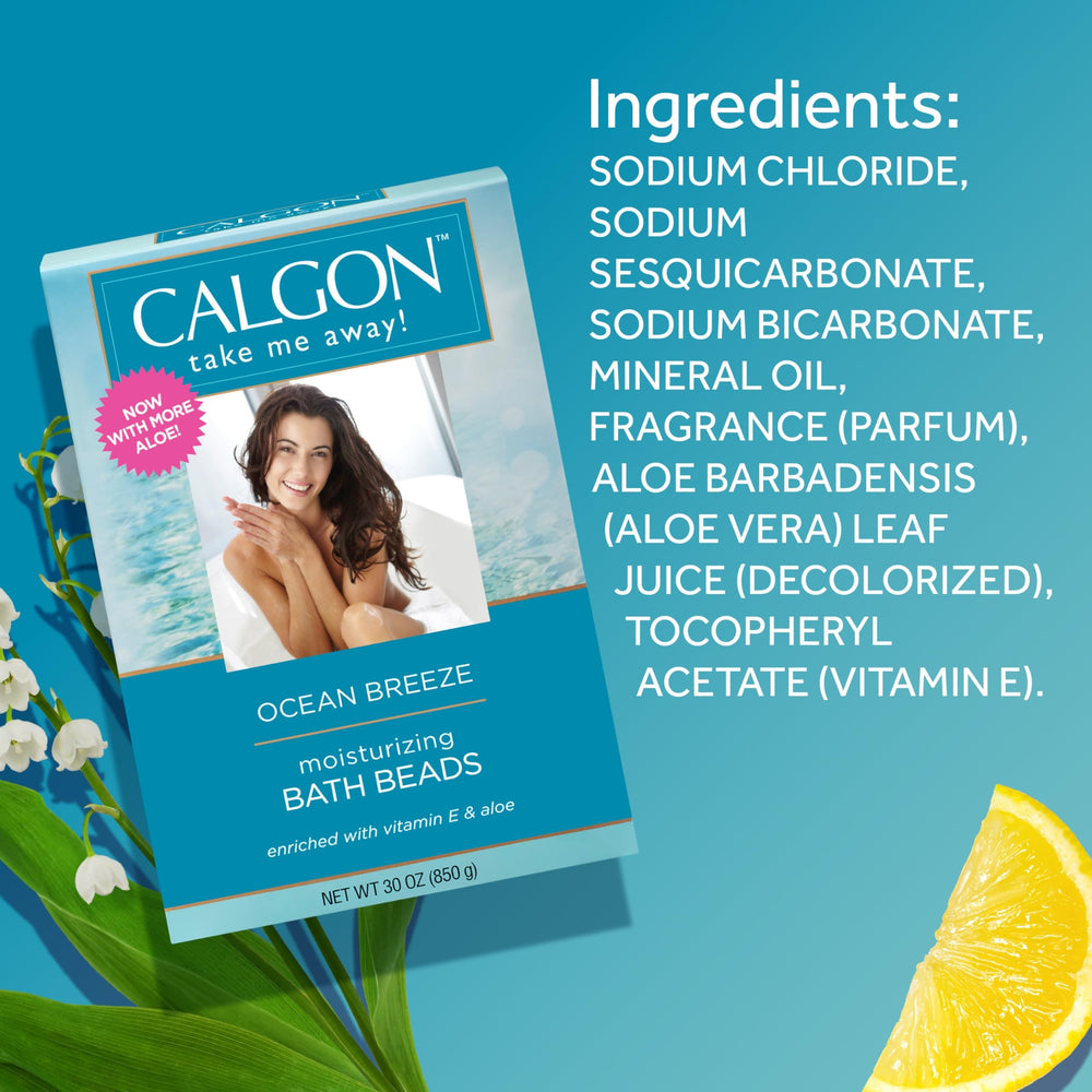 Calgon Ocean Breeze beads in hand illustrate quick, mood-balancing bath ritual.