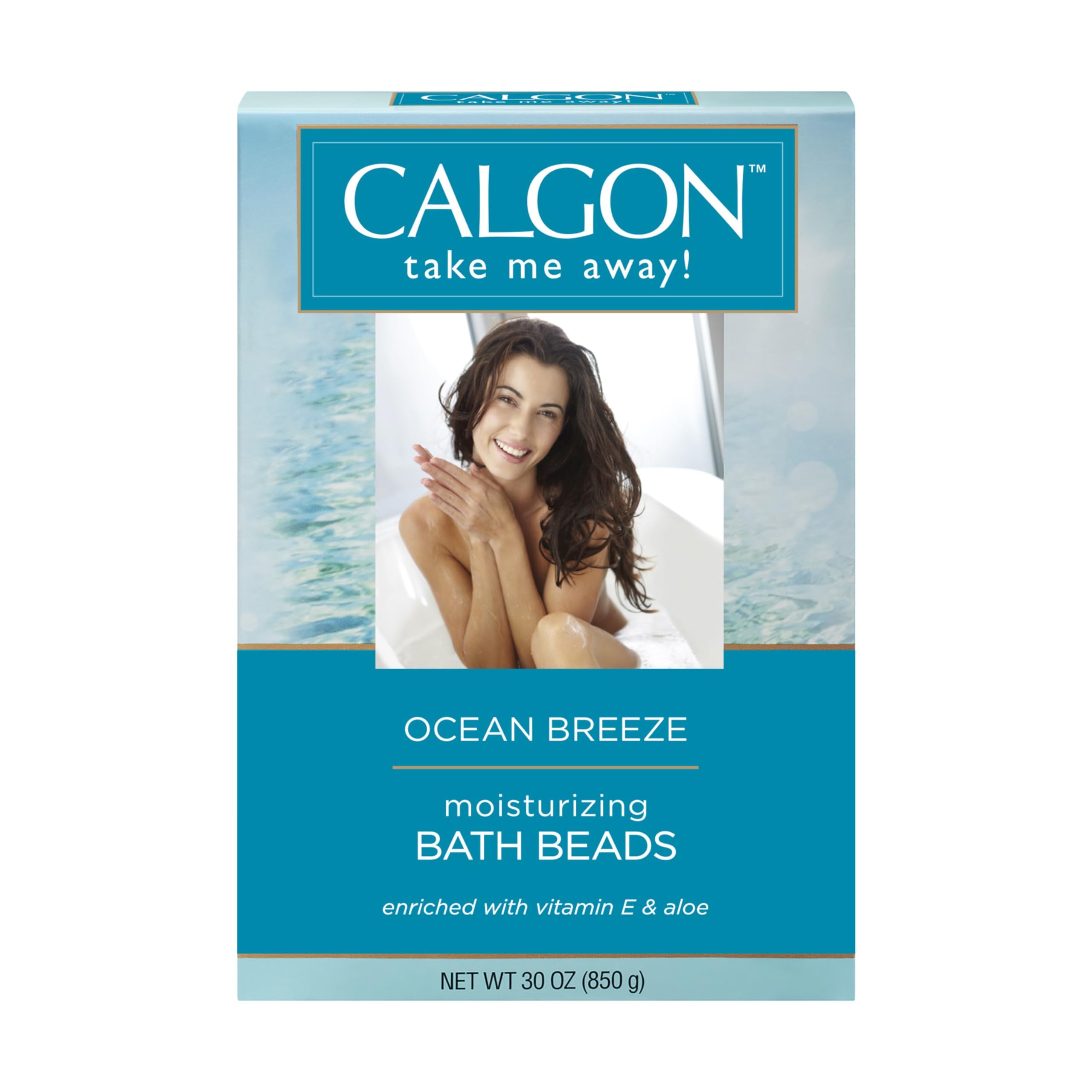 Calgon Ocean Breeze bath beads jar ready for a soothing, fragrance-rich soak.