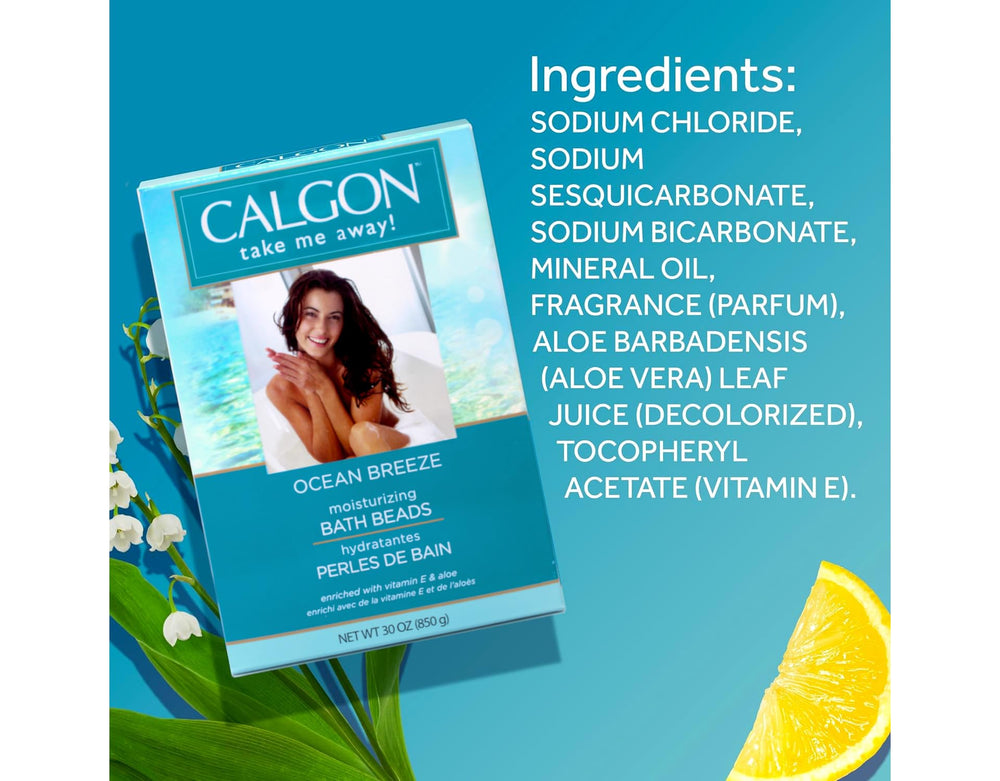 Calgon Ocean Breeze beads create a relaxing bath scene for home spa moments.