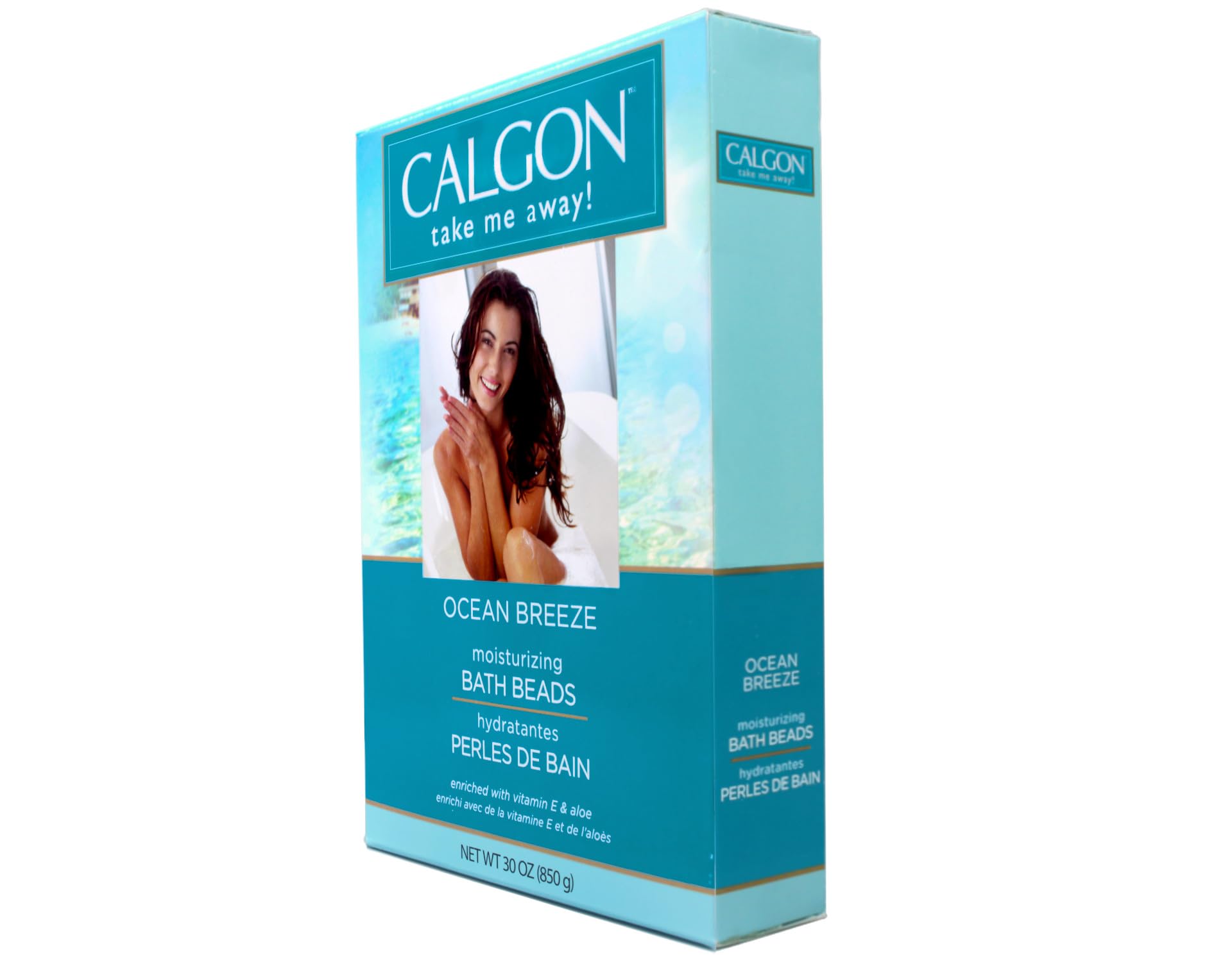 Calgon Ocean Breeze beads infused with vitamin E and aloe nourish skin during bath.