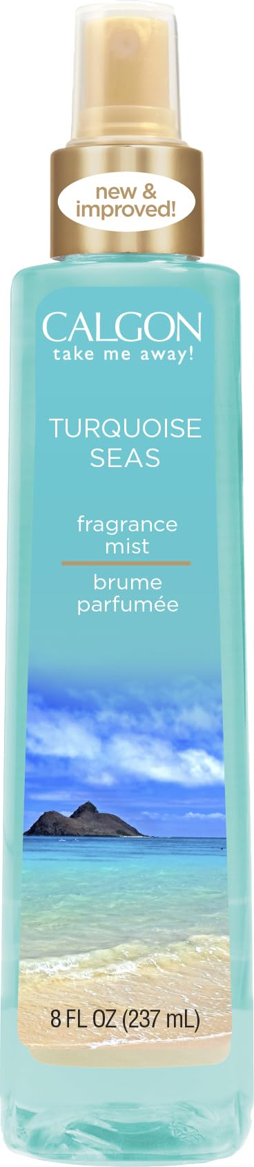 Calgon Turquoise Seas body mist bottle front with refreshing coastal scent for quick refresh