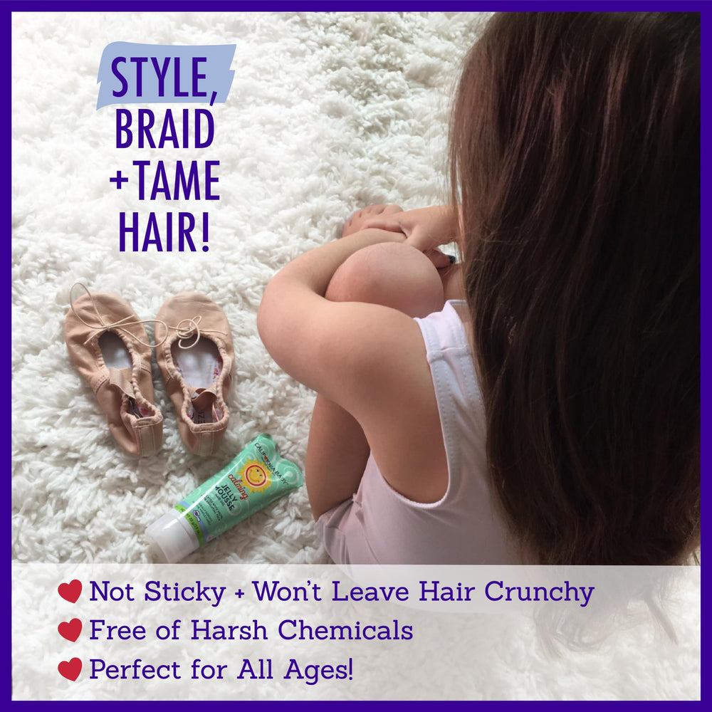 California Baby Calming Hair Gel hypoallergenic stamp on tube communicates allergy-friendly styling.