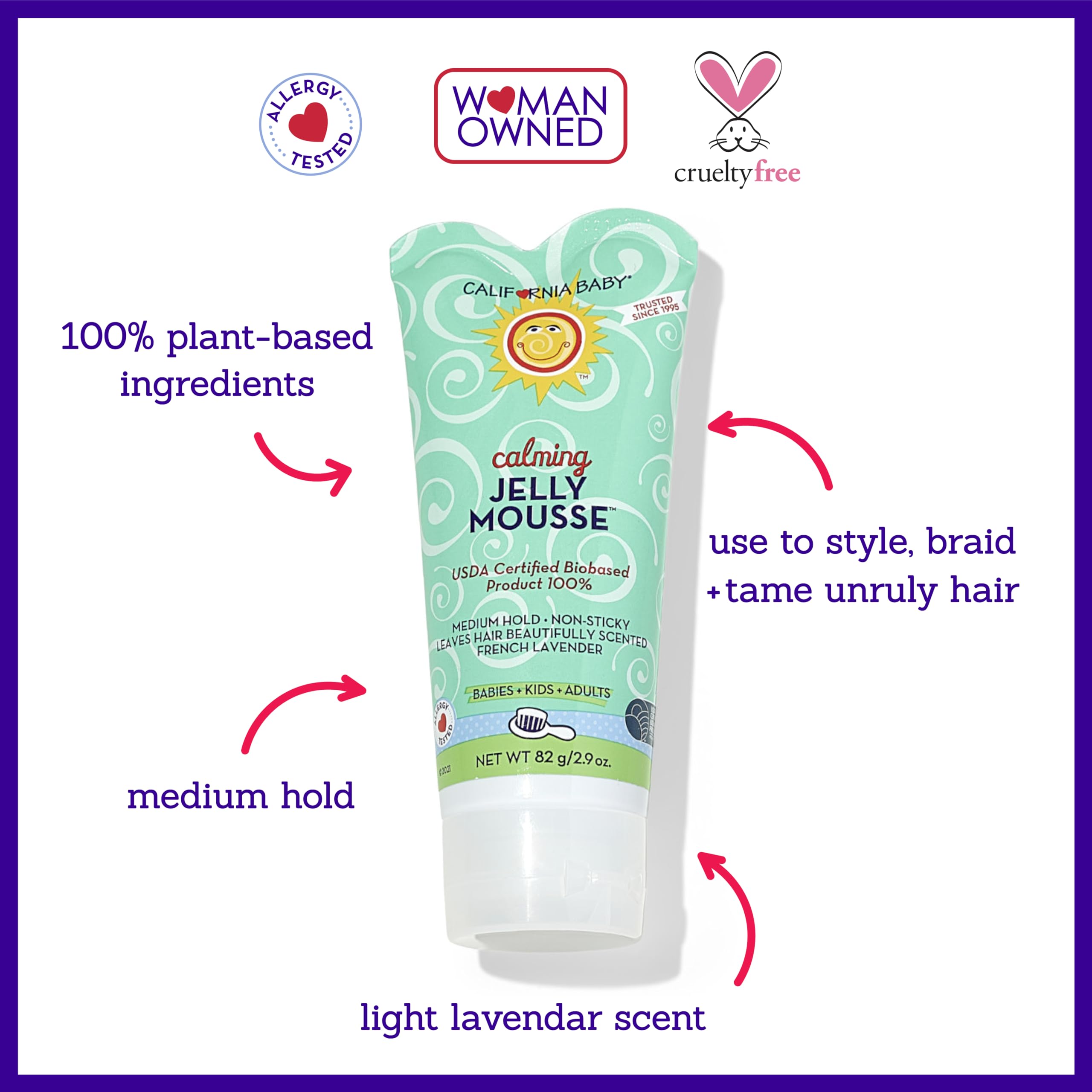 California Baby Calming Hair Gel lavender fragrance closeup suggests soft, calming scent from natural oils.