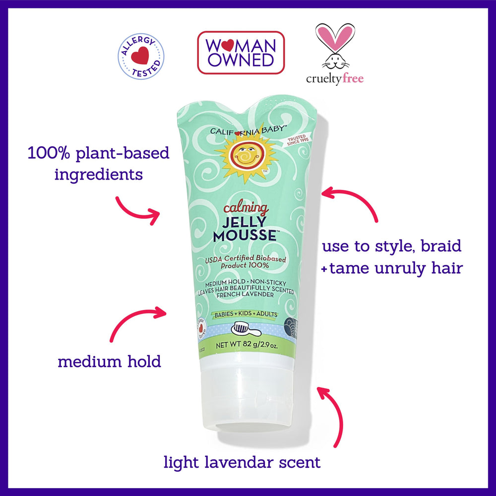 California Baby Calming Hair Gel lavender fragrance closeup suggests soft, calming scent from natural oils.