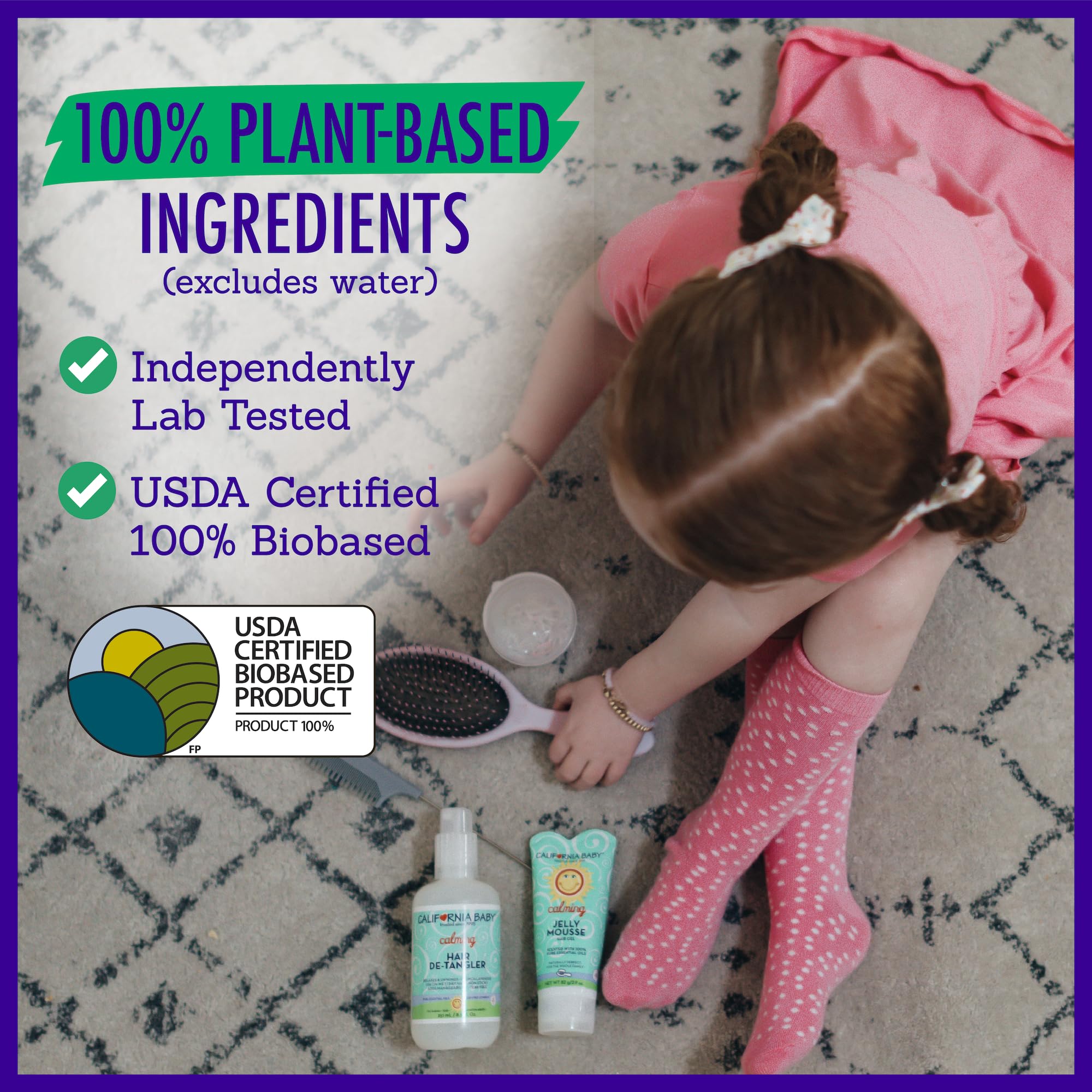 California Baby Calming Hair Gel held between fingers shows flexible medium hold.