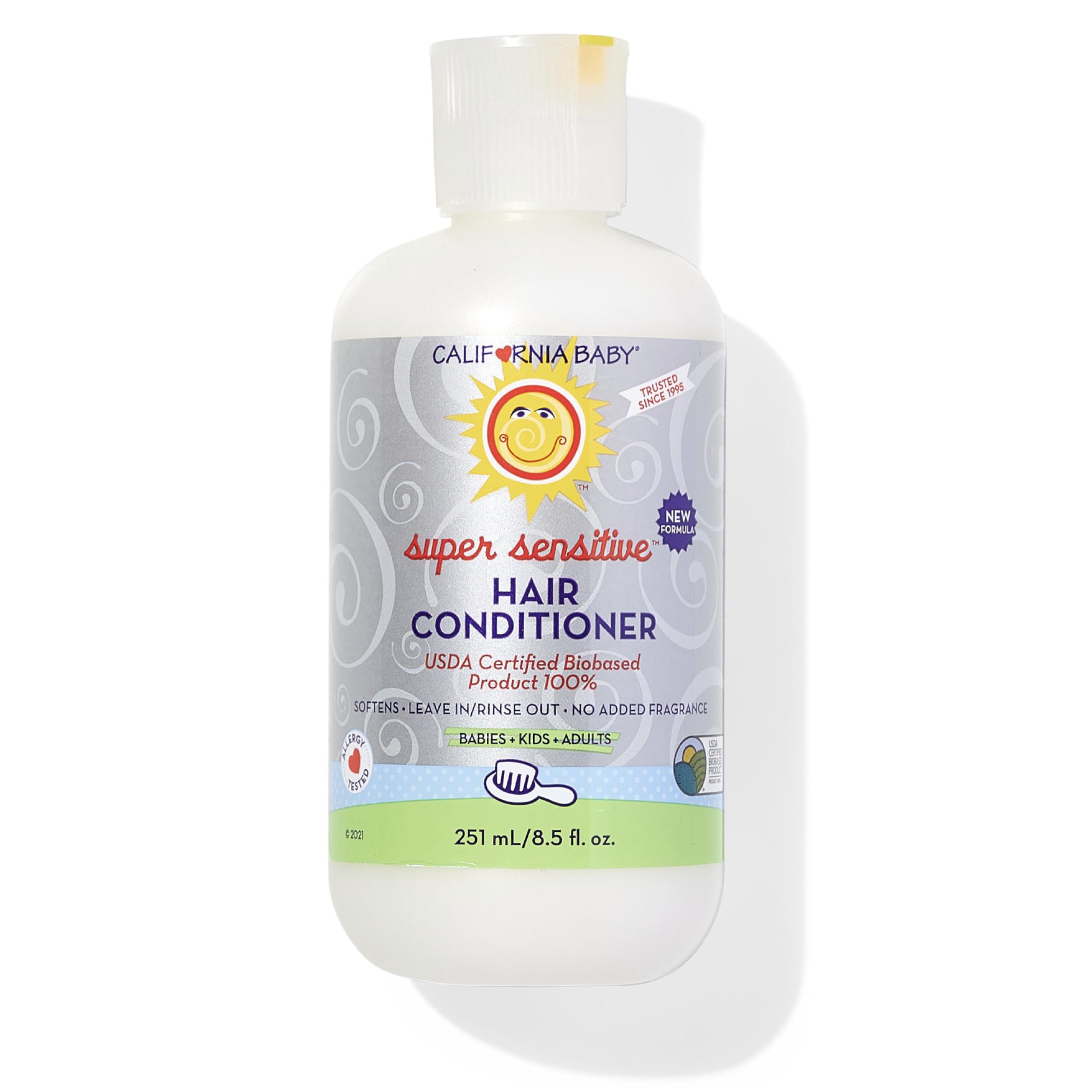 California Baby Super Sensitive Hair Conditioner bottle shows fragrance-free nourishment for delicate hair.