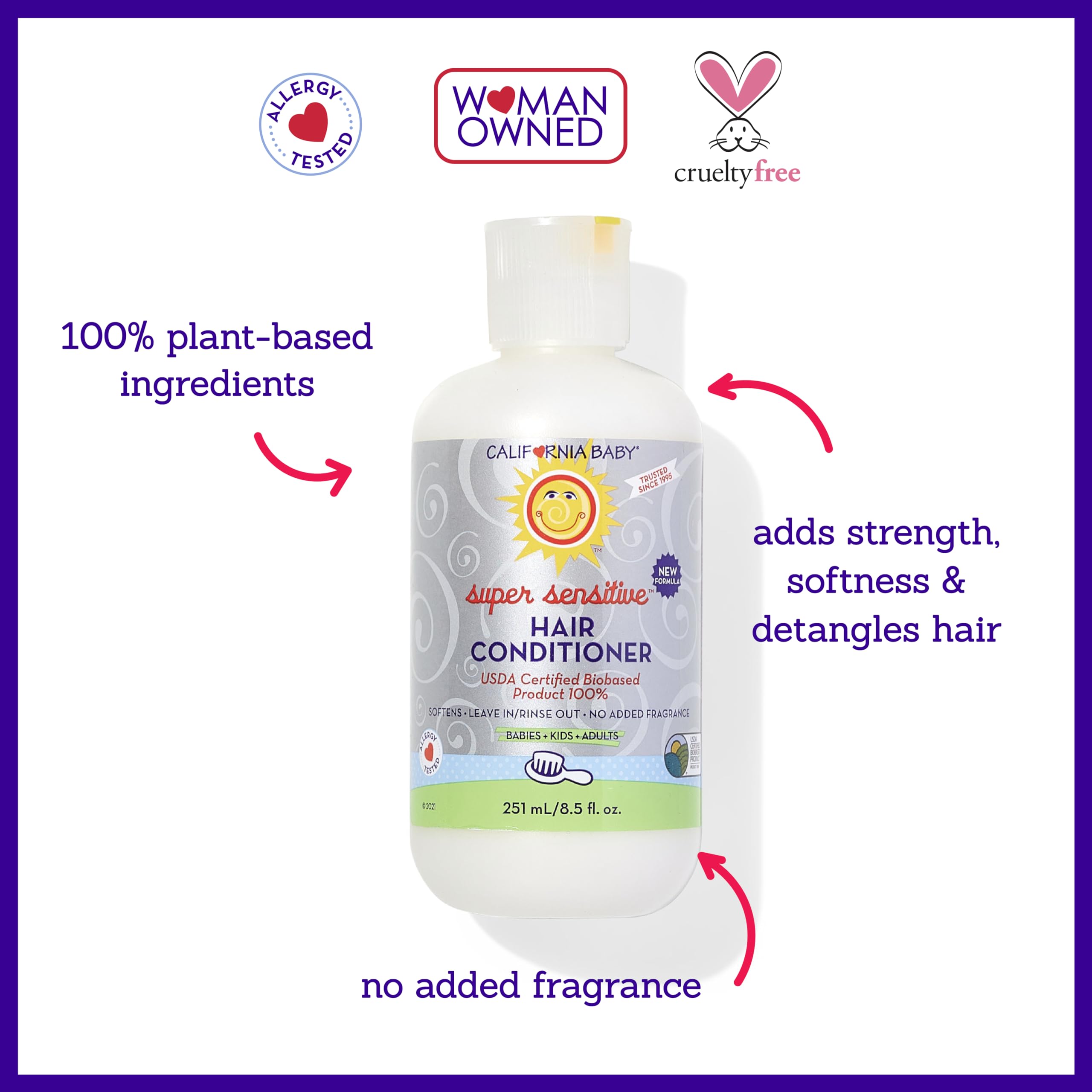 California Baby conditioner being poured demonstrates rinse-out or leave-in versatility.