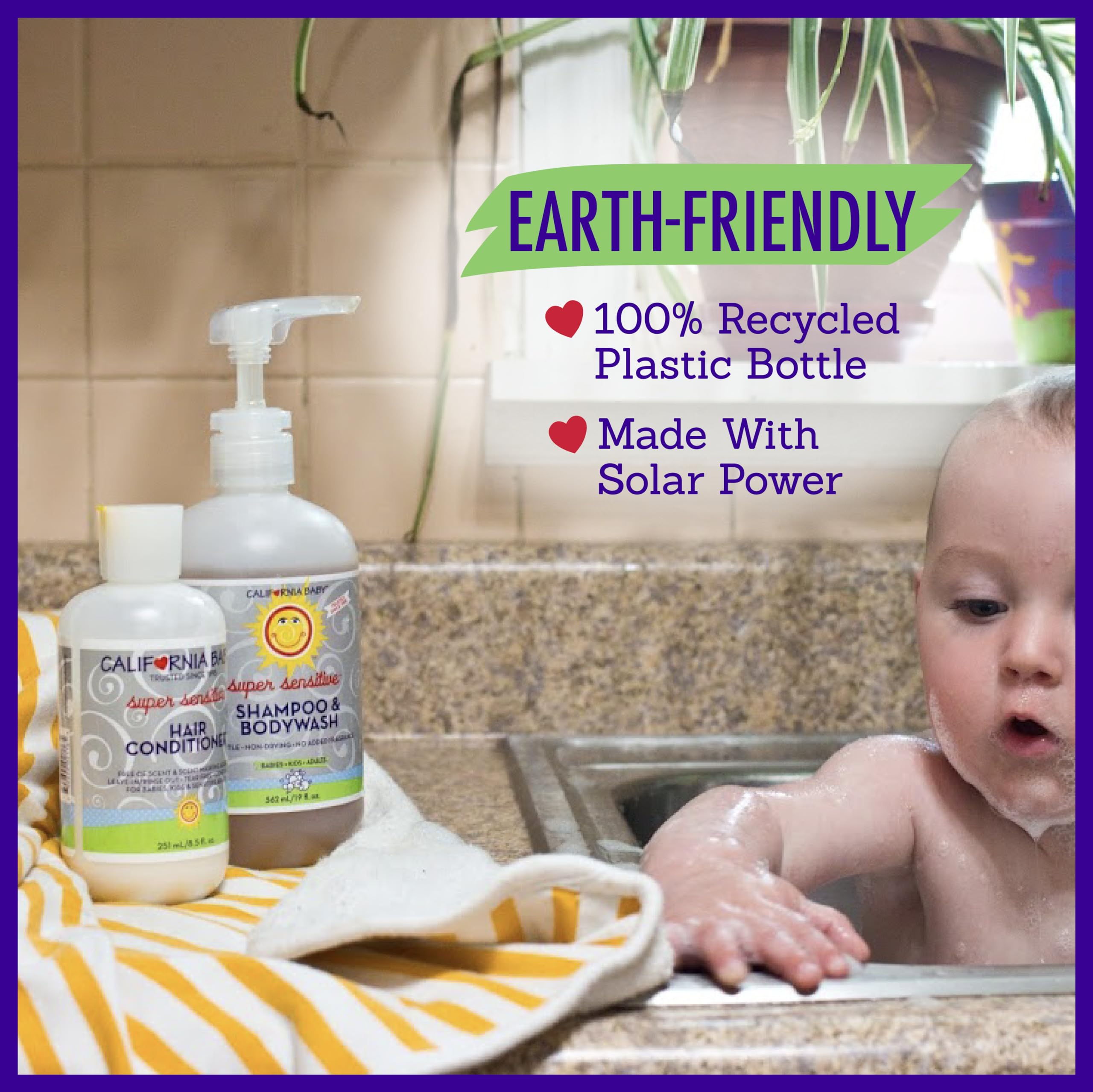 Store display featuring California Baby Super Sensitive Hair Conditioner on shelf.