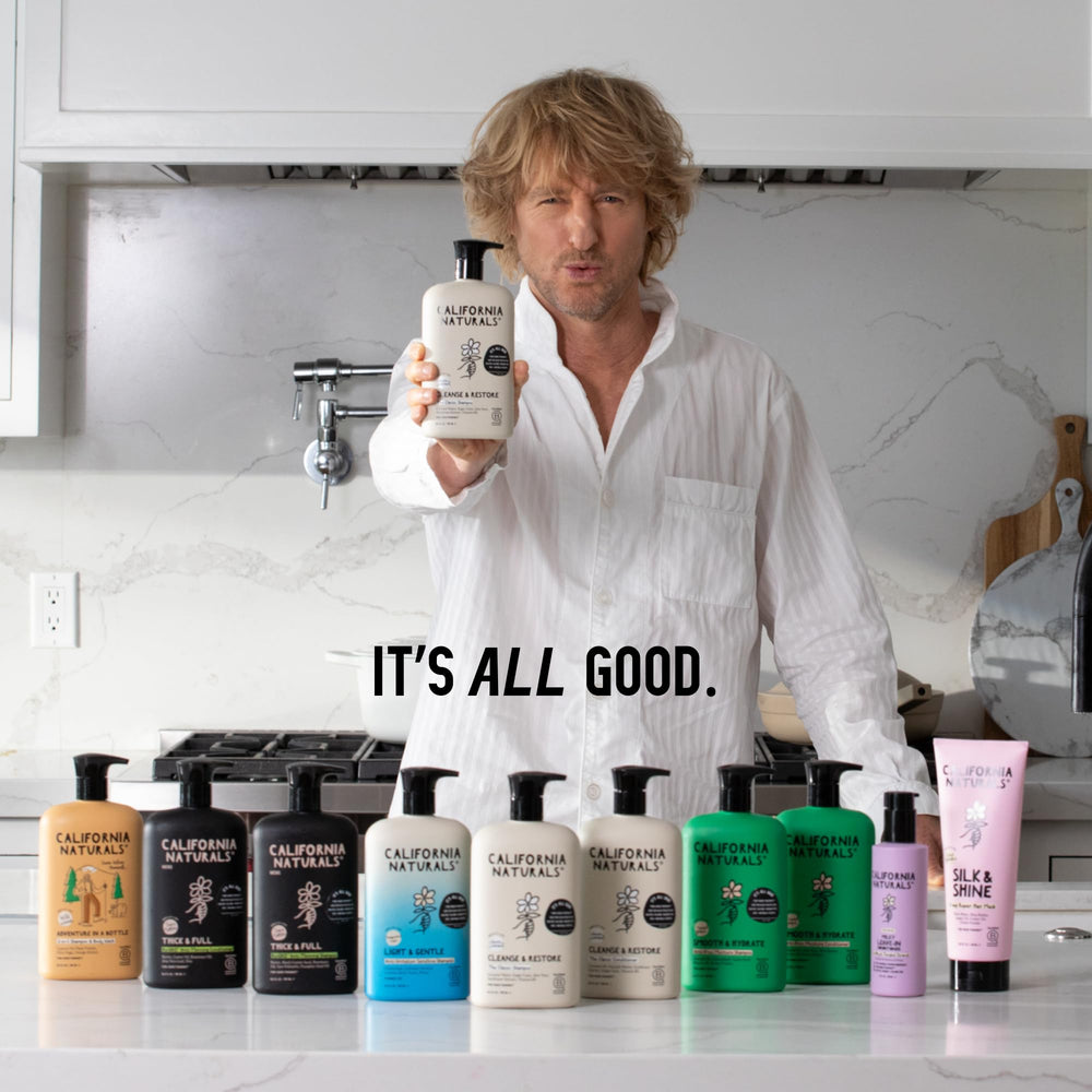 California Naturals Mens Re:GRO conditioner after-use glossy soft hair close-up.