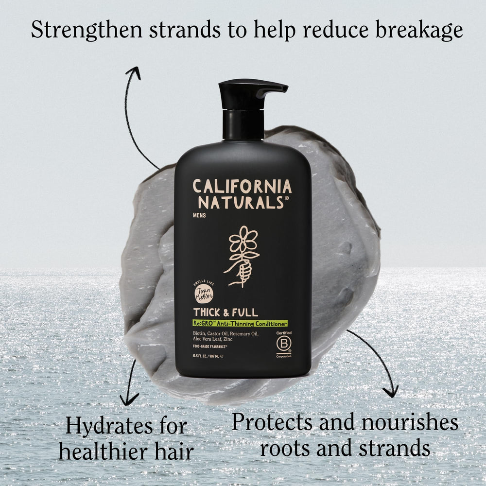 California Naturals Mens Re:GRO conditioner ingredients graphic highlights biotin and natural oils.