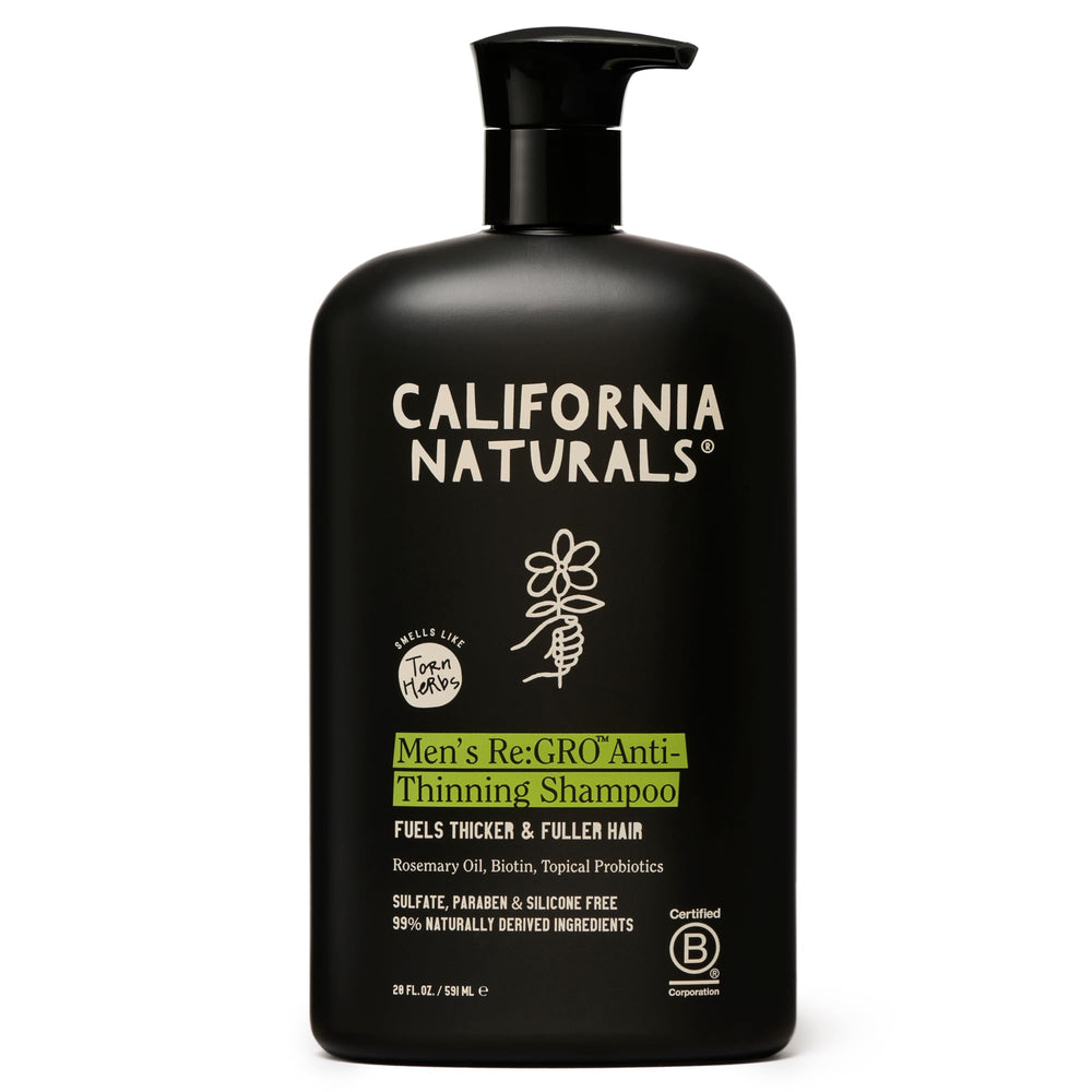 California Naturals Mens Re:GRO Shampoo bottle showing vegan scalp care.
