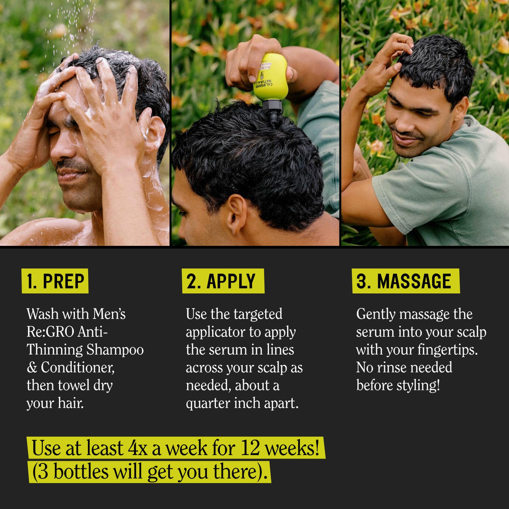 California Naturals Re:GRO serum being applied to scalp for cooling and absorption