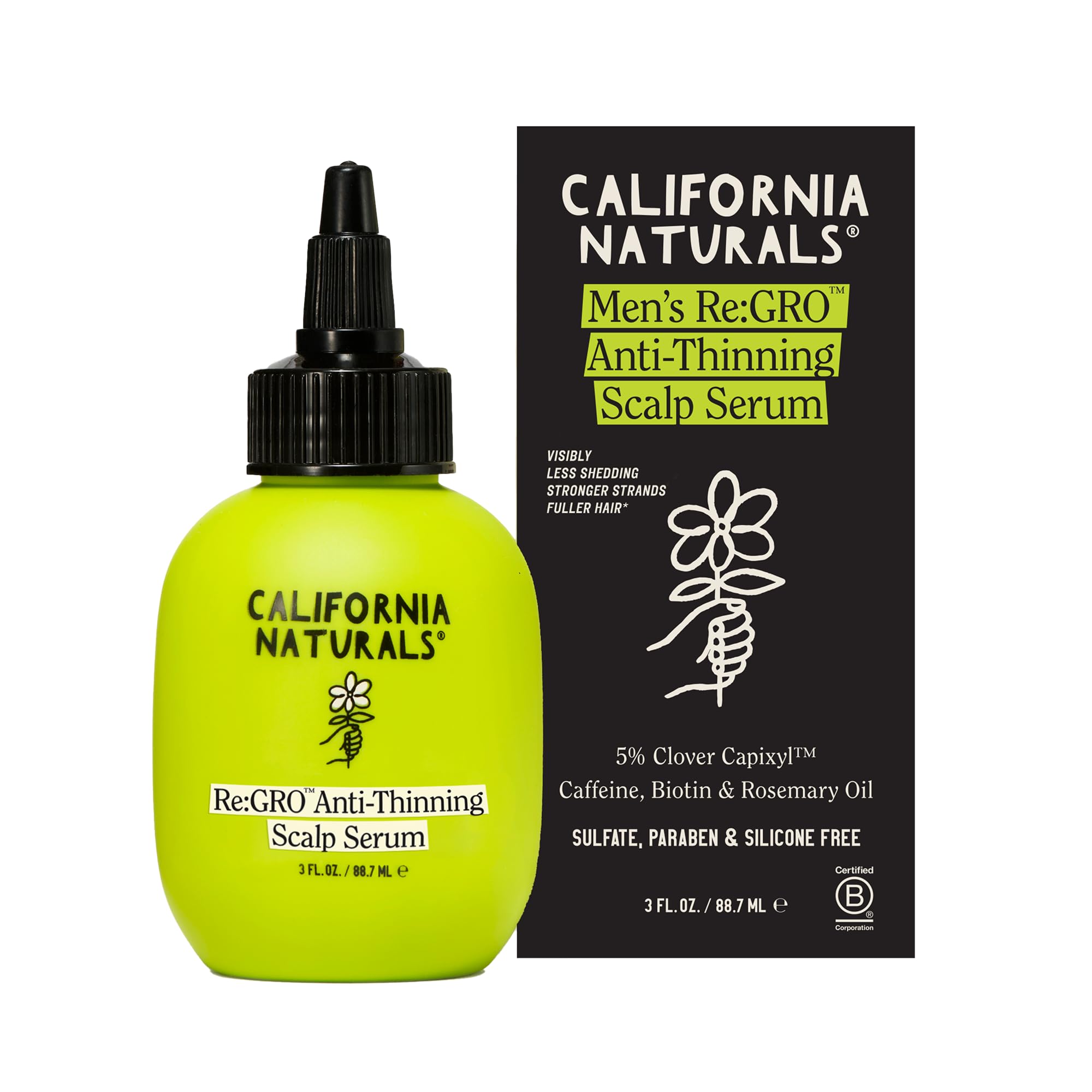 California Naturals Re:GRO serum bottle highlighting 5% Capixyl for thinning support