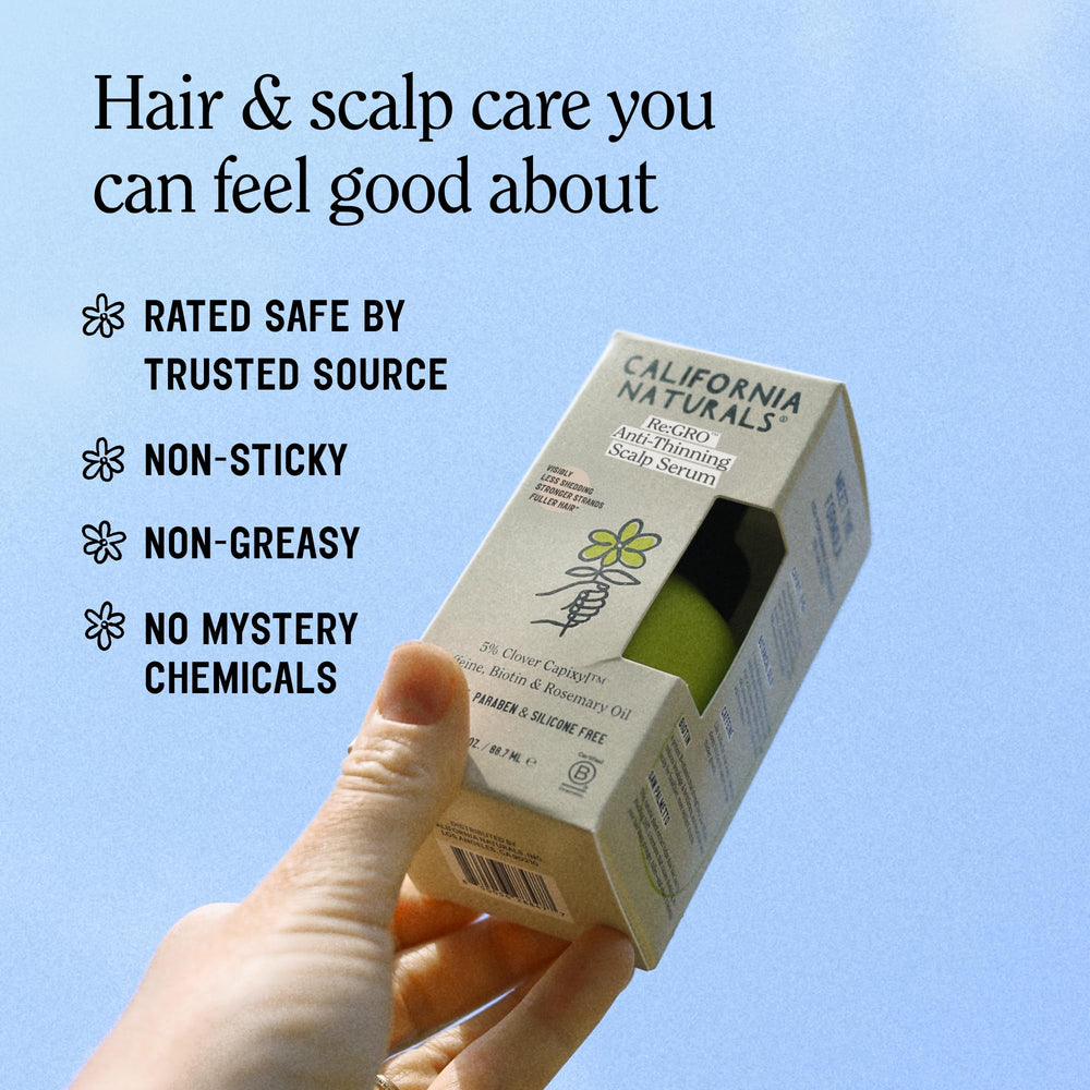 California Naturals Re:GRO serum on bathroom shelf ready for daily use