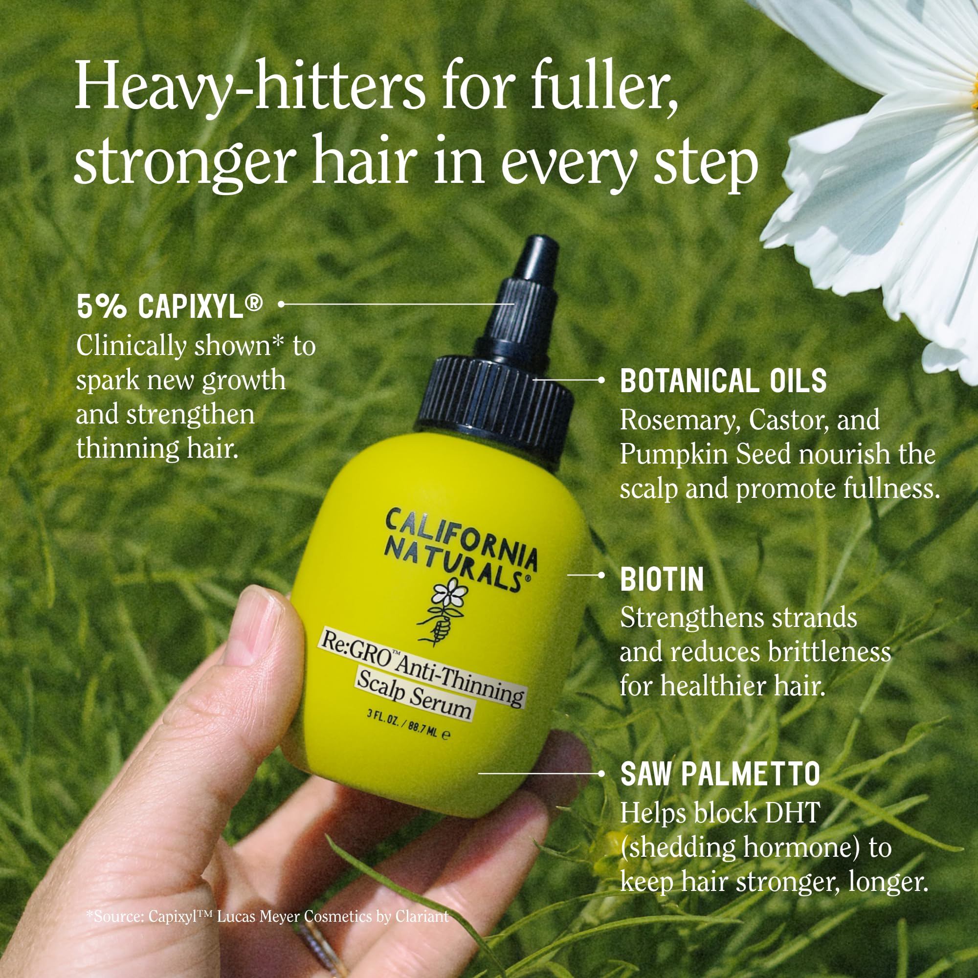 California Naturals Re:GRO serum label highlights 5% Capixyl and natural ingredients