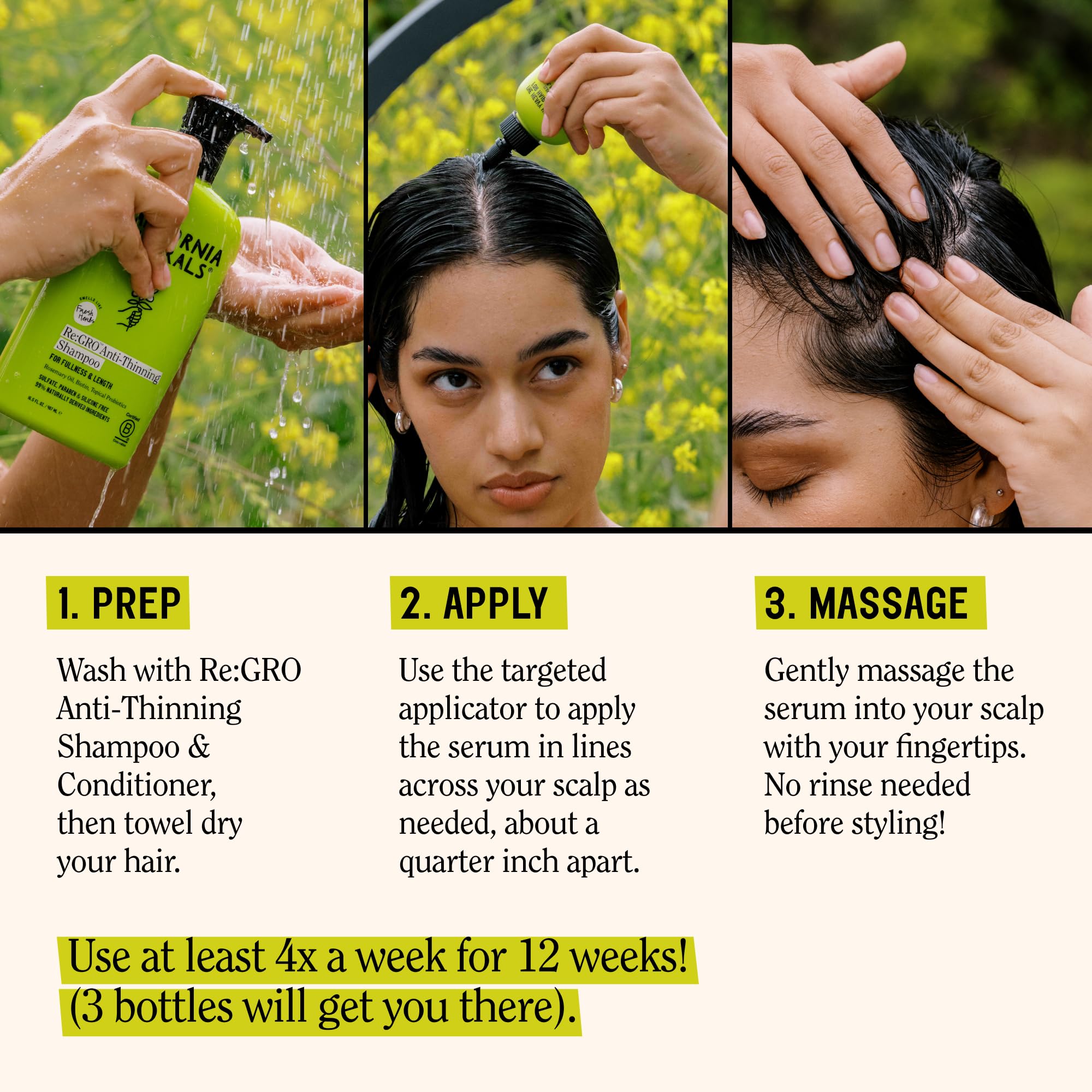 California Naturals Re:GRO serum applied to scalp for targeted nourishment