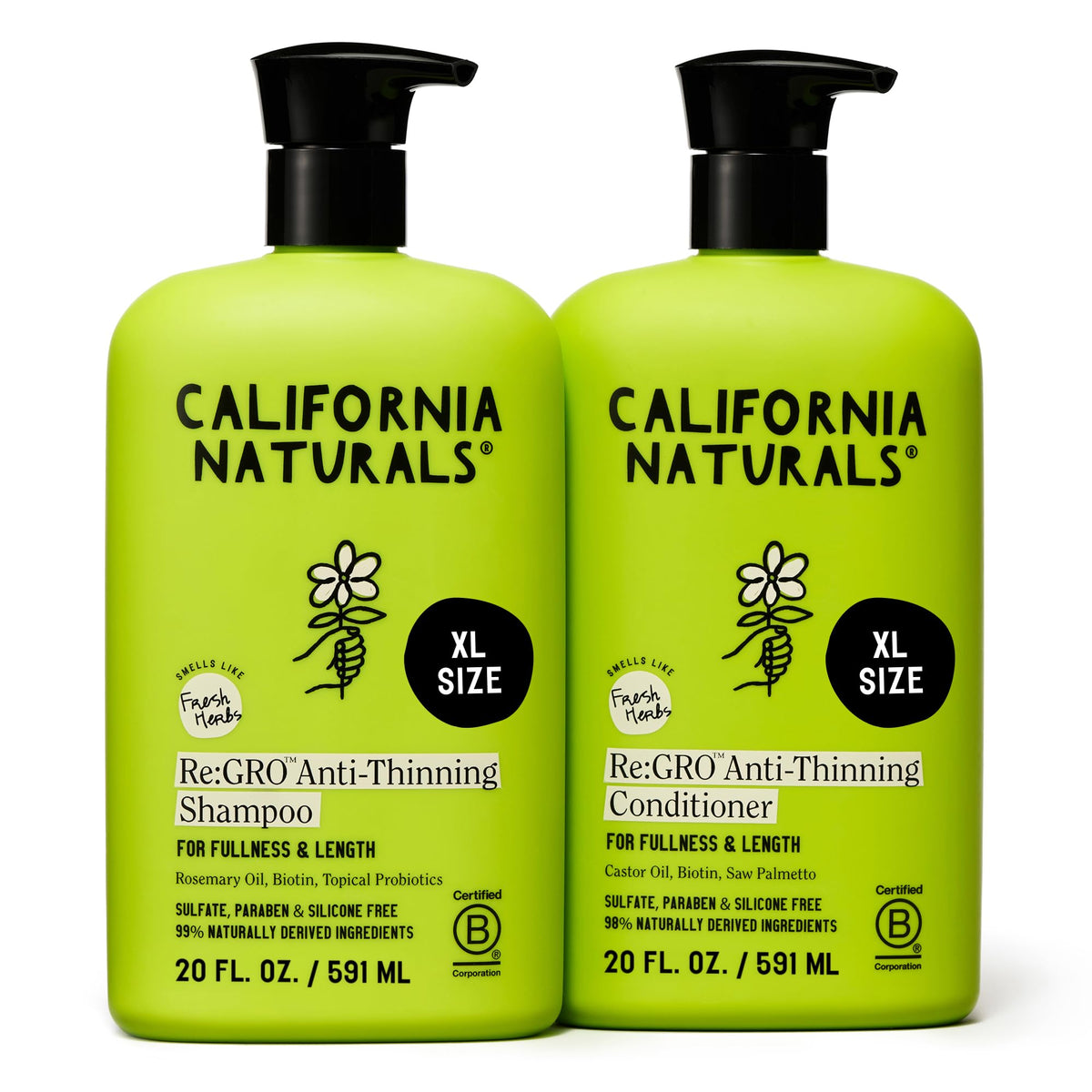 California Naturals Re:GRO Shampoo bottle demonstrates anti-thinning hair support in daily use.