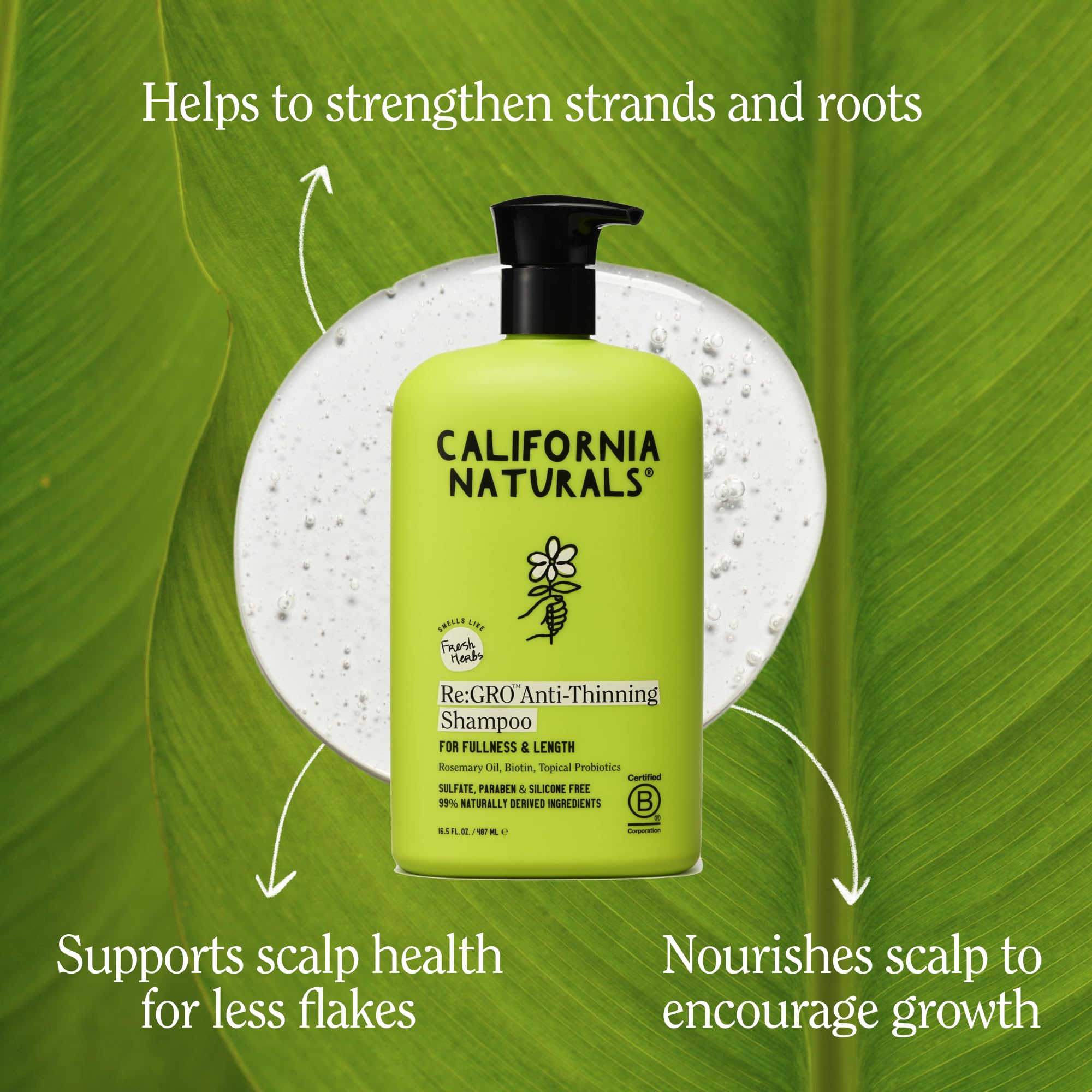 California Naturals Re:GRO shampoo bottle label showing vegan and cruelty-free credentials.