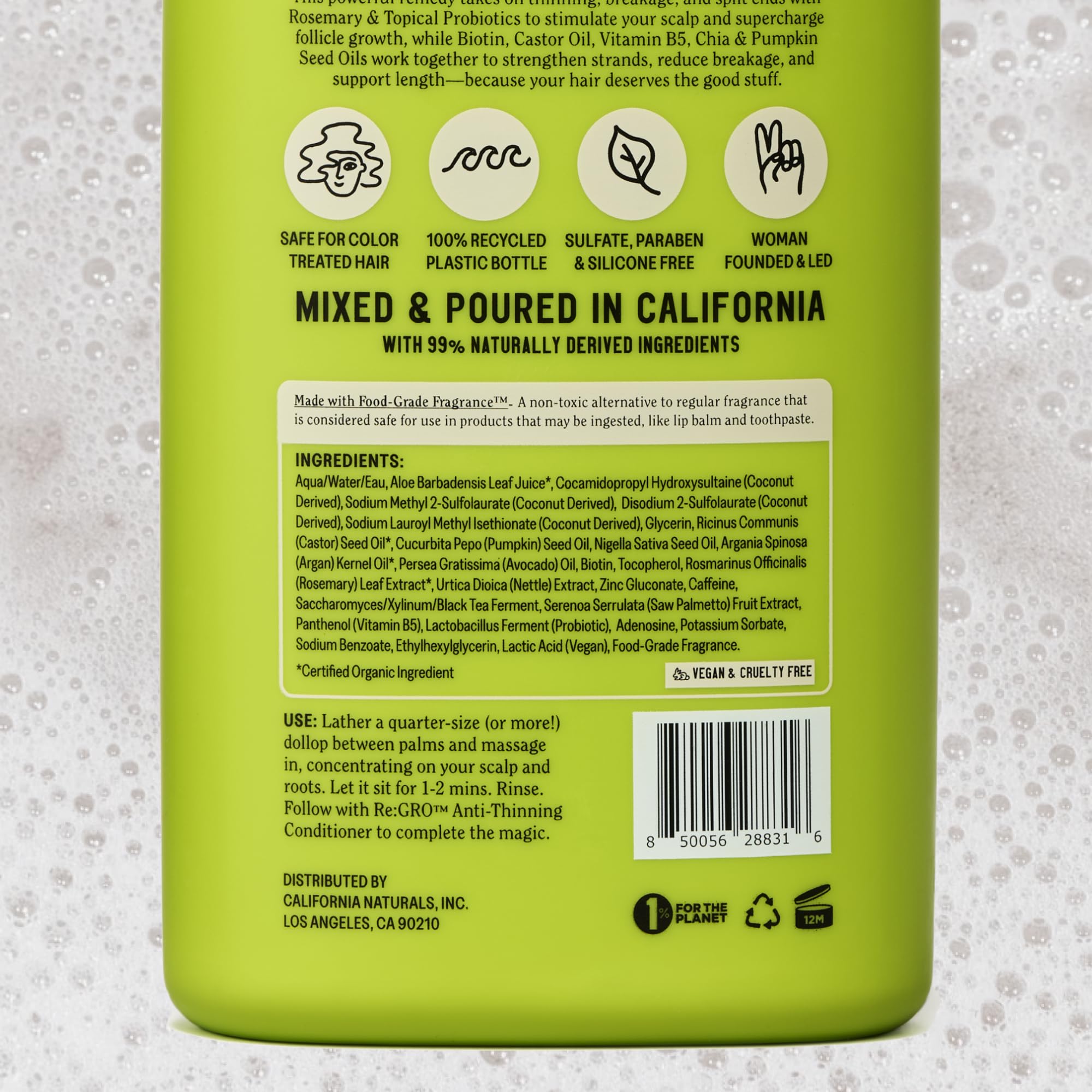 California Naturals Re:GRO foam in lather demonstrates gentle cleansing.