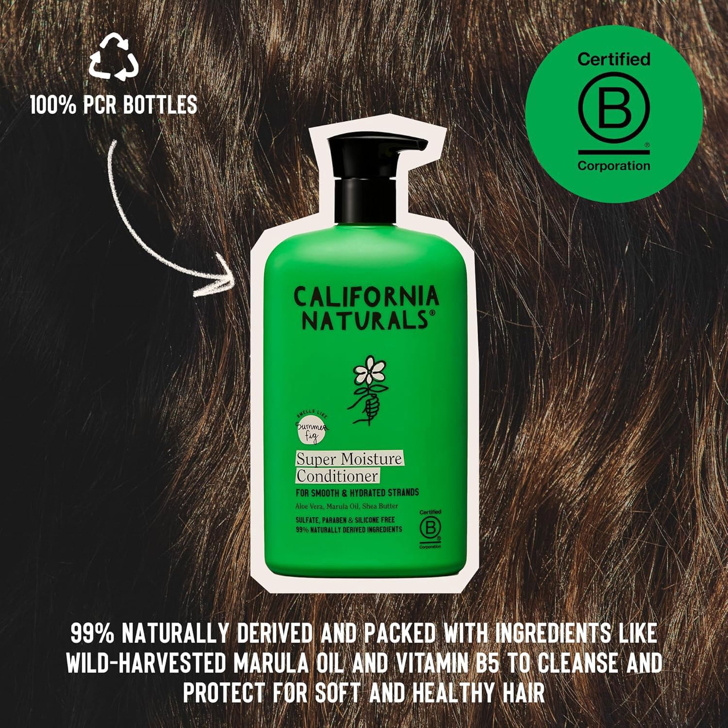 California Naturals Super Moisture Conditioner droplet closeup suggests rich hydration for dry hair.