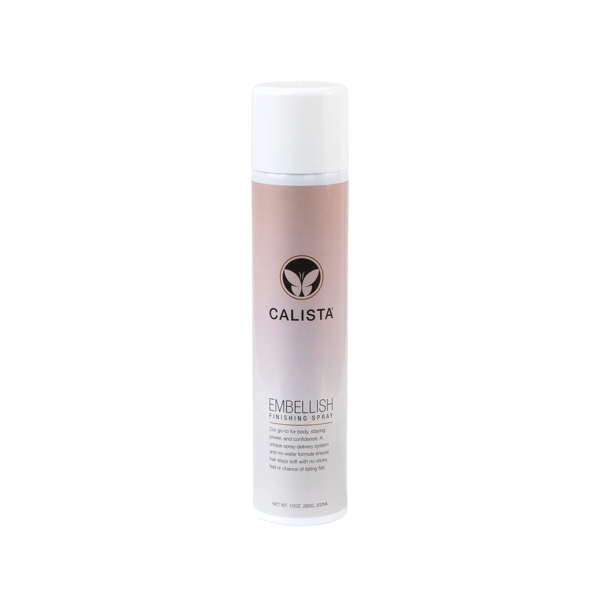 Calista Embellish Finishing Spray bottle delivers buildable hold with soft, flexible texture.