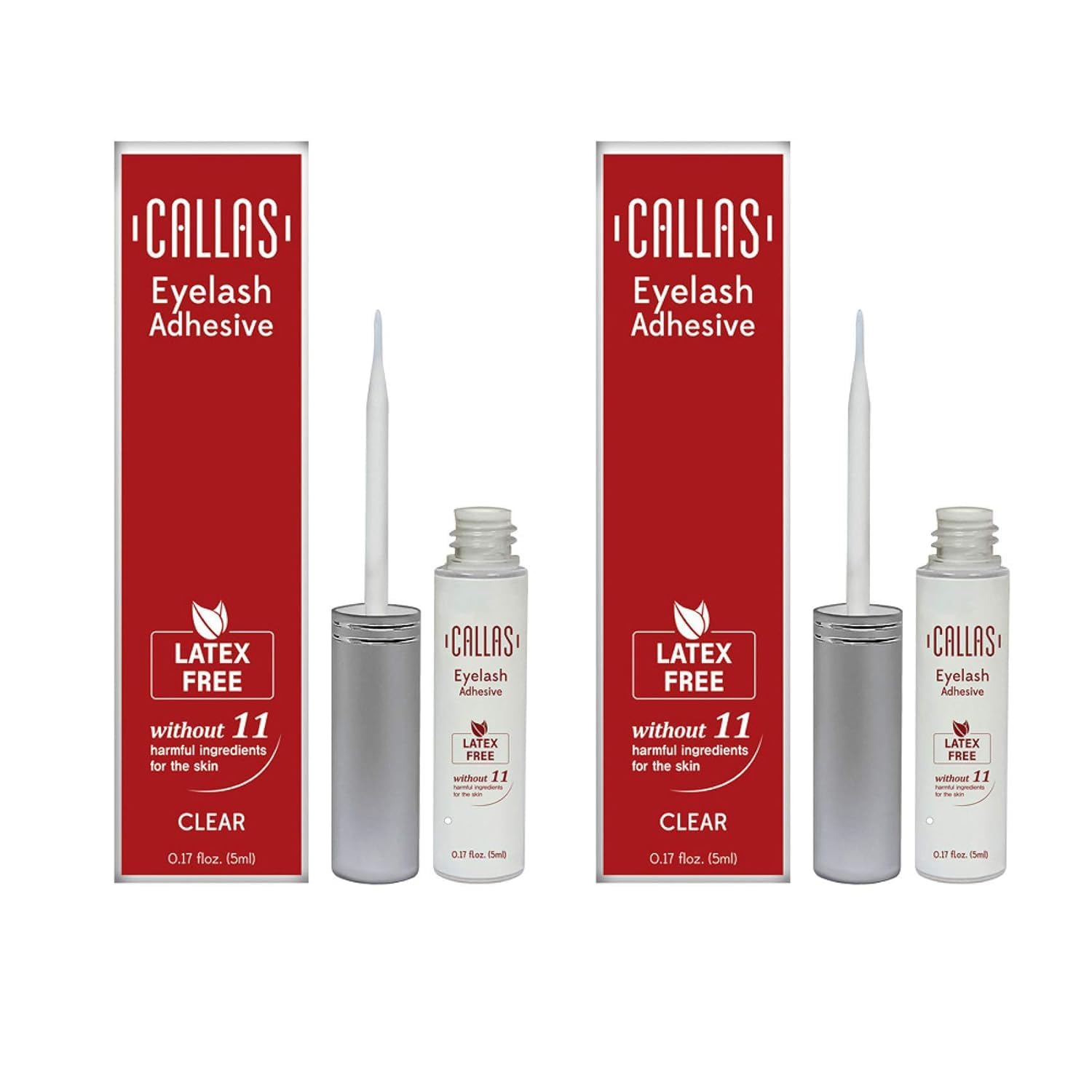 Callas Eyelash Adhesive Clear bottle closeup showing latex-free waterproof lash hold.