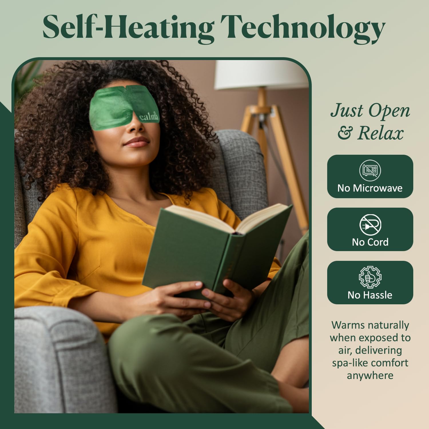 Calma 16-pack heated eye mask in use at bedtime for relaxing routine.