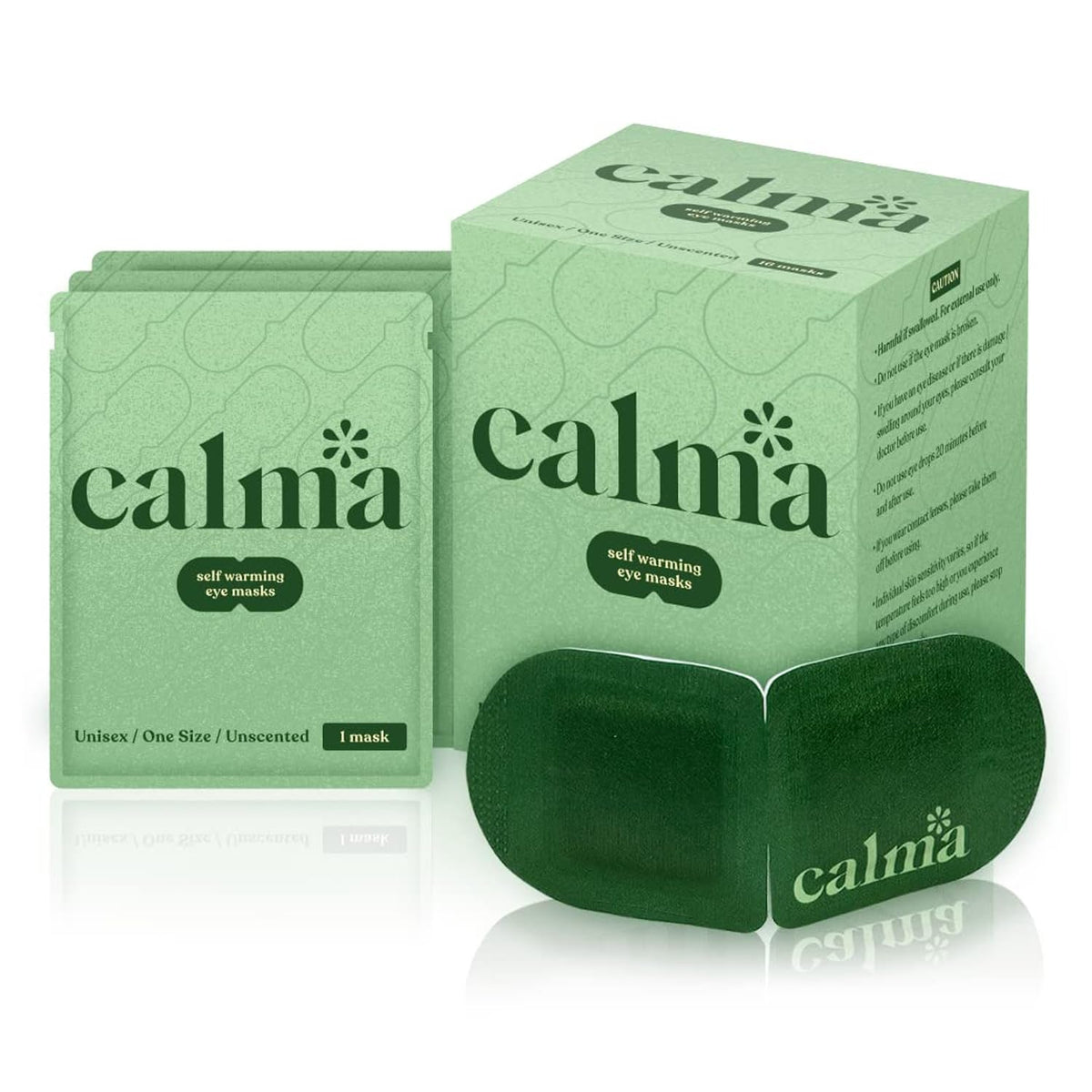 Calma 16-pack heated eye mask packaging close-up showing unscented design and premium materials.