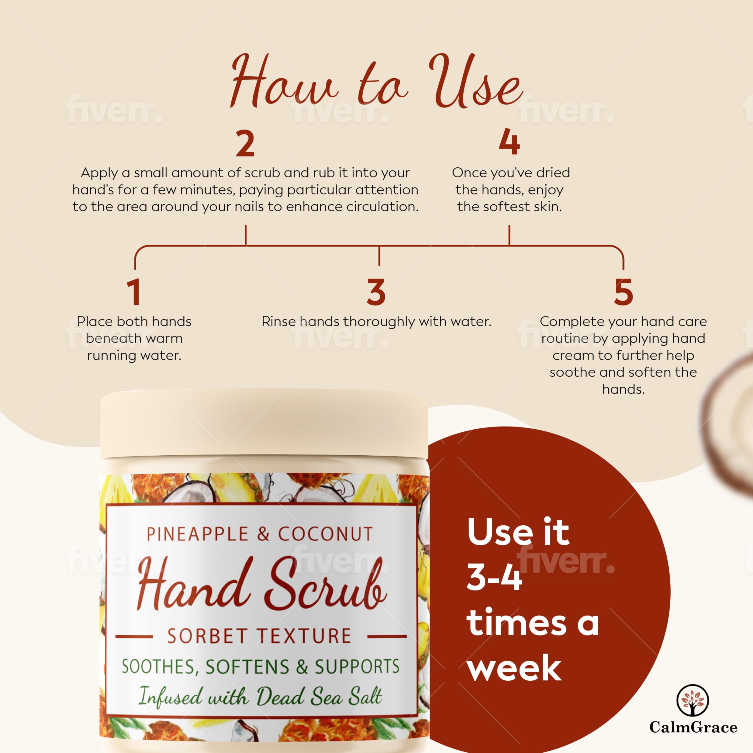CalmGrace hand scrub coconut oil nourishes dry hands while the sorbet texture pampers.