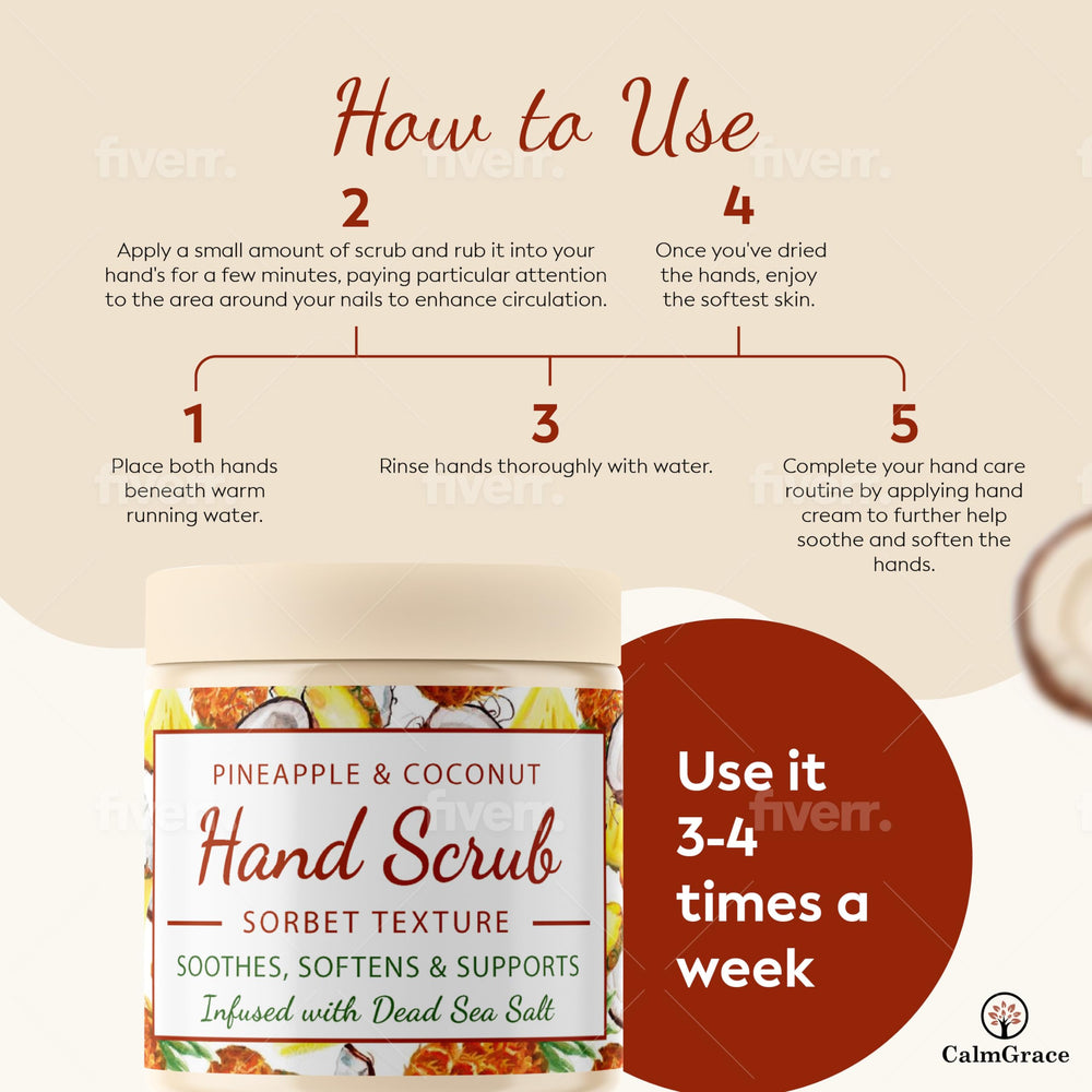CalmGrace hand scrub coconut oil nourishes dry hands while the sorbet texture pampers.