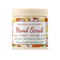 CalmGrace hand scrub tub showcases Dead Sea salts for gentle exfoliation.