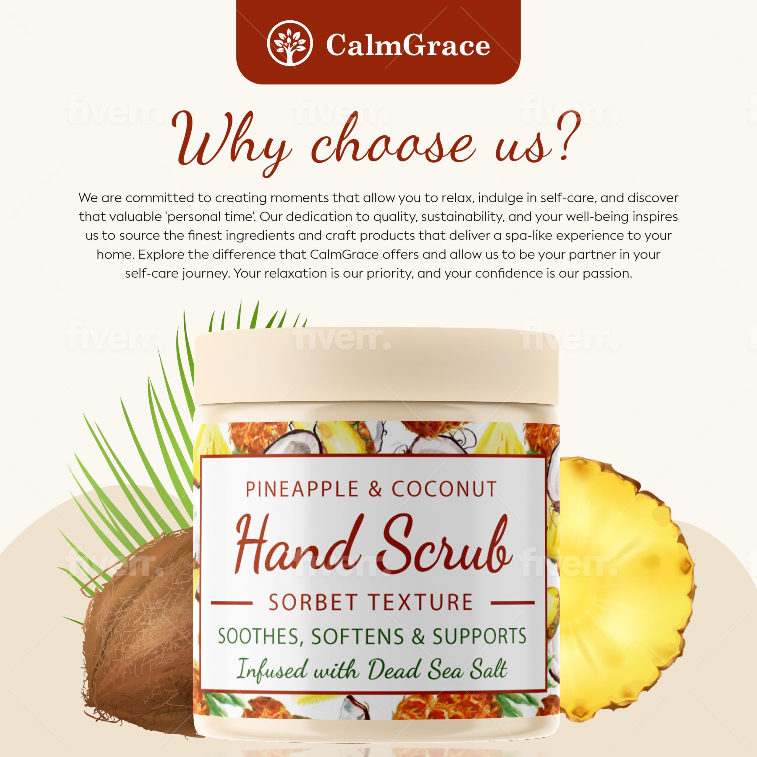 CalmGrace pineapple-coconut scent evokes tropical ritual for refreshing hand care.