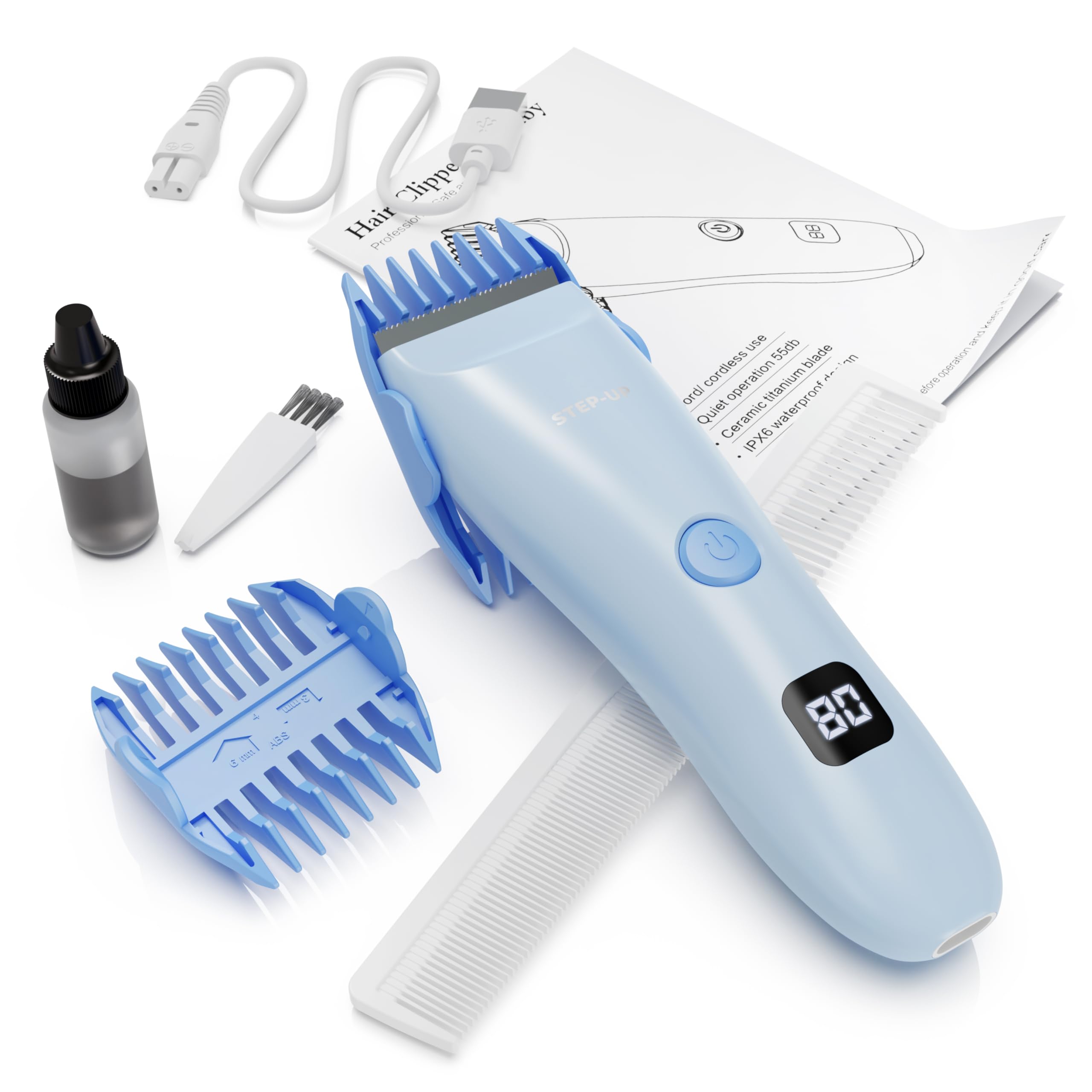 CALMING CLIPPER Step-Up front view shows quiet operation for sensitive kids' haircuts